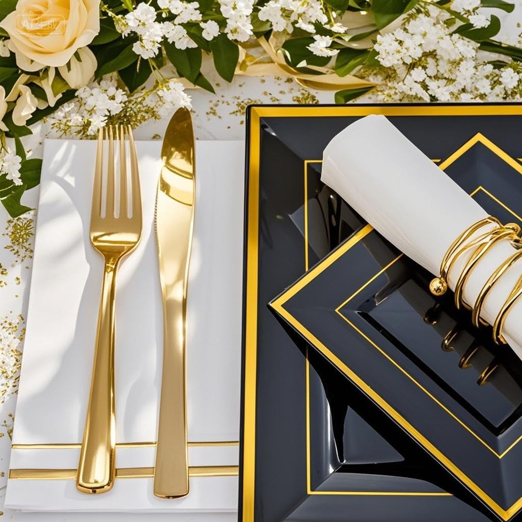 Festiva 350Pcs Black and Gold Plastic Plates-50Guests Disposable Square Black Dinnerware Set include 100 Plastic Plates,50Cups,150Plastic Cutlery,50Napkins for Halloween Party &Wedding&New Year