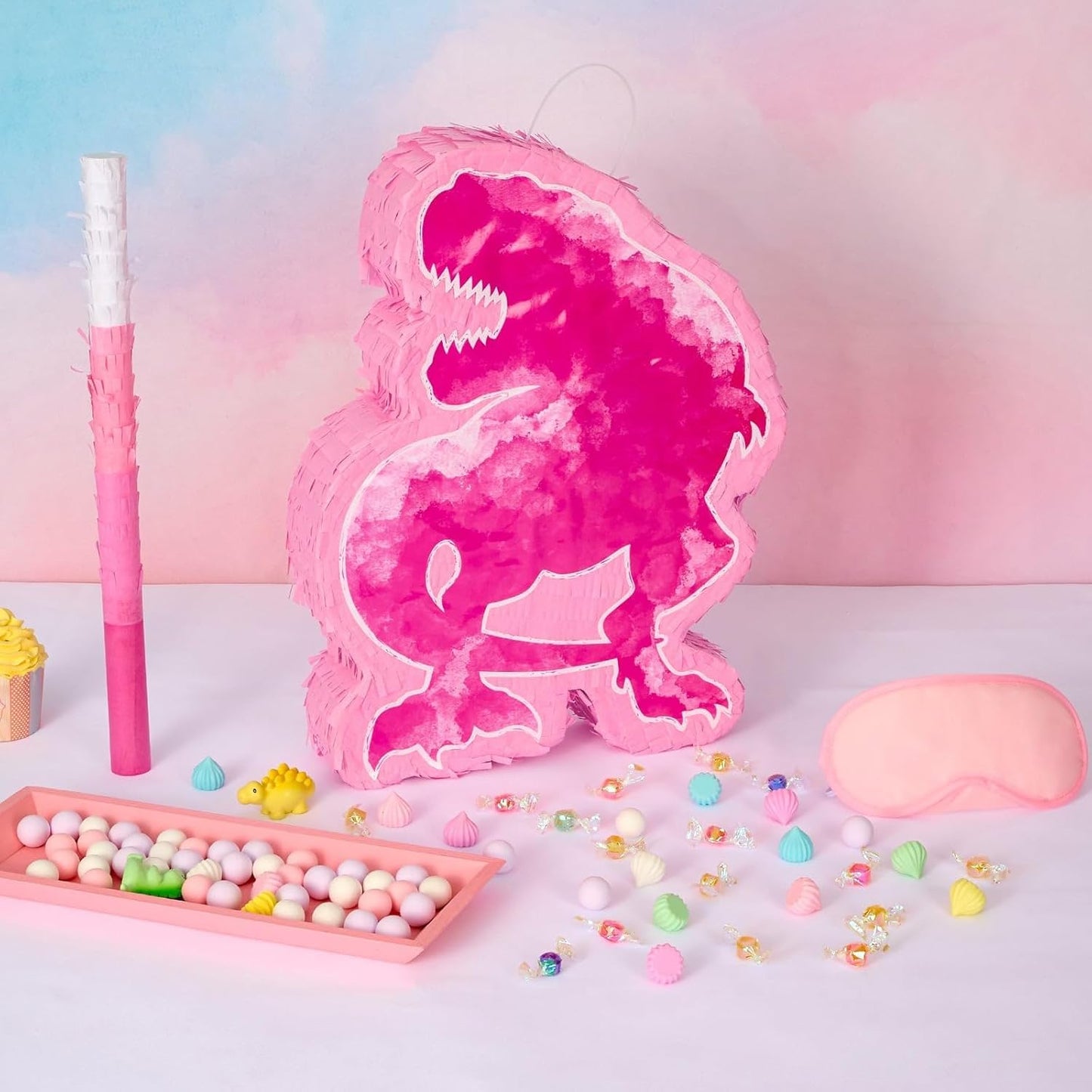 WERNNSAI Dinosaur Piñata - Watercolor Pink Dinosaur Piñata Birthday Piñata with Stick and Blindfold for Kids Birthday Party Game Classroom Activities Rose Dinosaur Themed Party Decors(16.1’’ x 12.4’’)