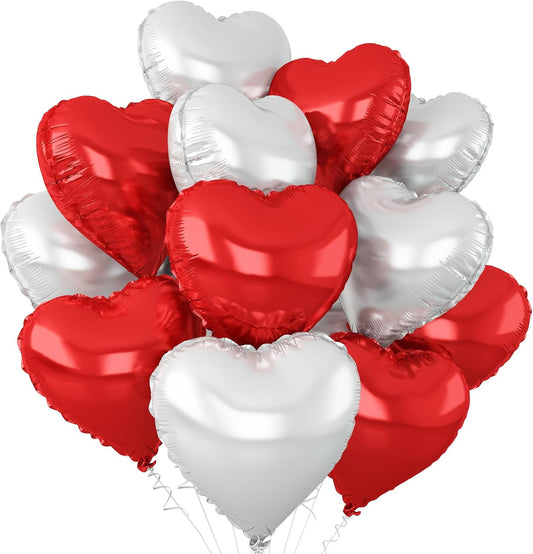 Red Silver Heart Balloons,12Pcs 18Inch Silver Red Heart Shaped Foil Helium Foil Balloons for Baby Shower Birthday Anniversary Wedding Engagement Party Decorations