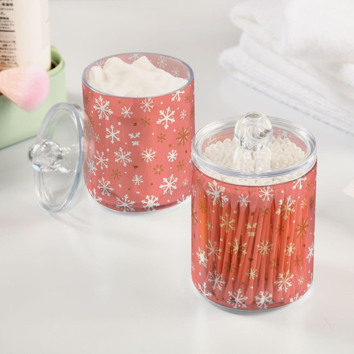 Gredecor 2 Pack Qtip Holder Clear Christmas Golden Pink Snowflakes Apothecary Jars with Lids Acrylic Christmas Winter Bathroom Jars Vanity Canister Storage Organizer for Cotton Ball,Swabs,Pads,Floss