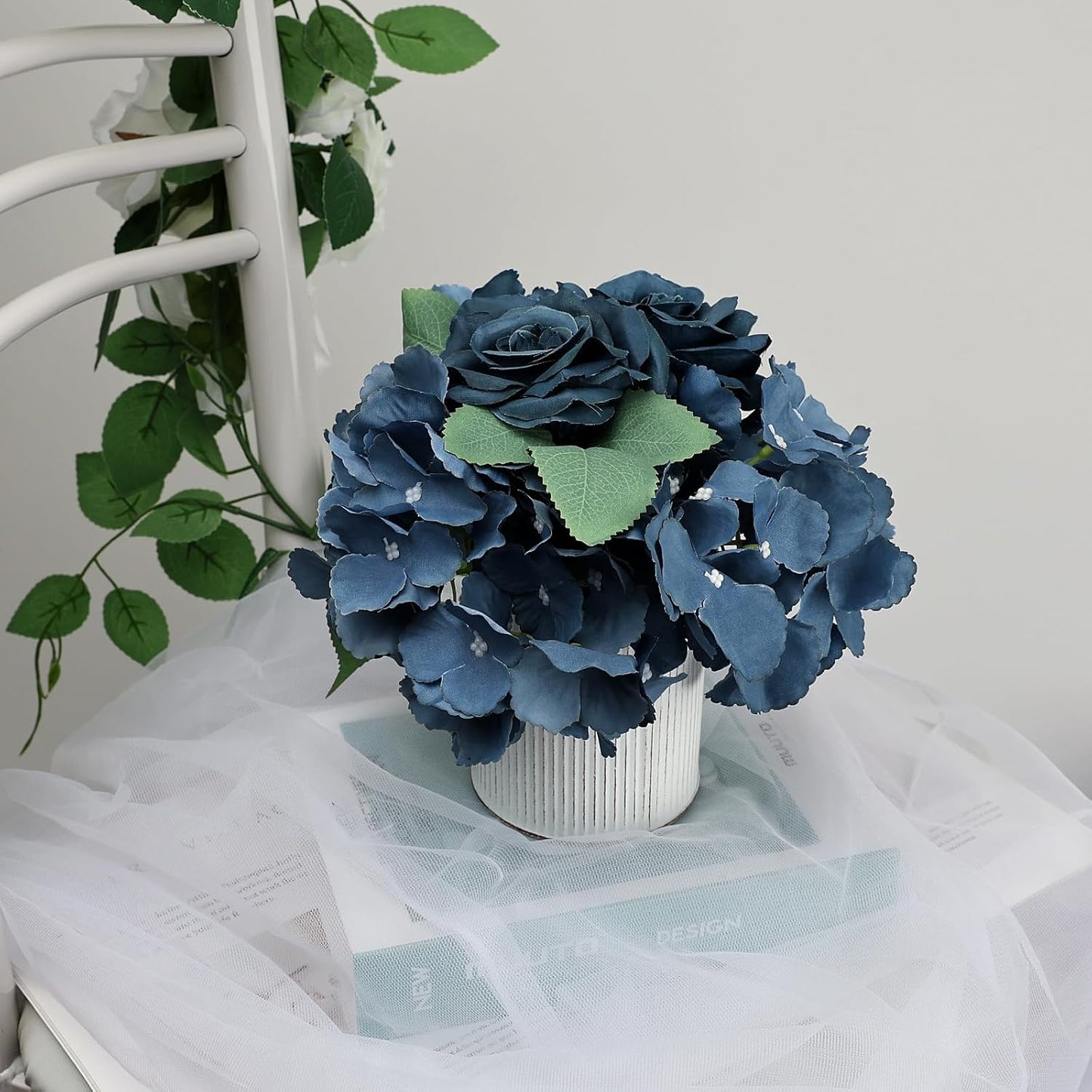 Flower Table Centerpieces - Set of 6 Floral Arrangement Artificial Wedding Hydrangeas Floral Arrangement with Rustic Metal Vase for Bridal Tea Party Event Decorations - Deep Dusty Blue