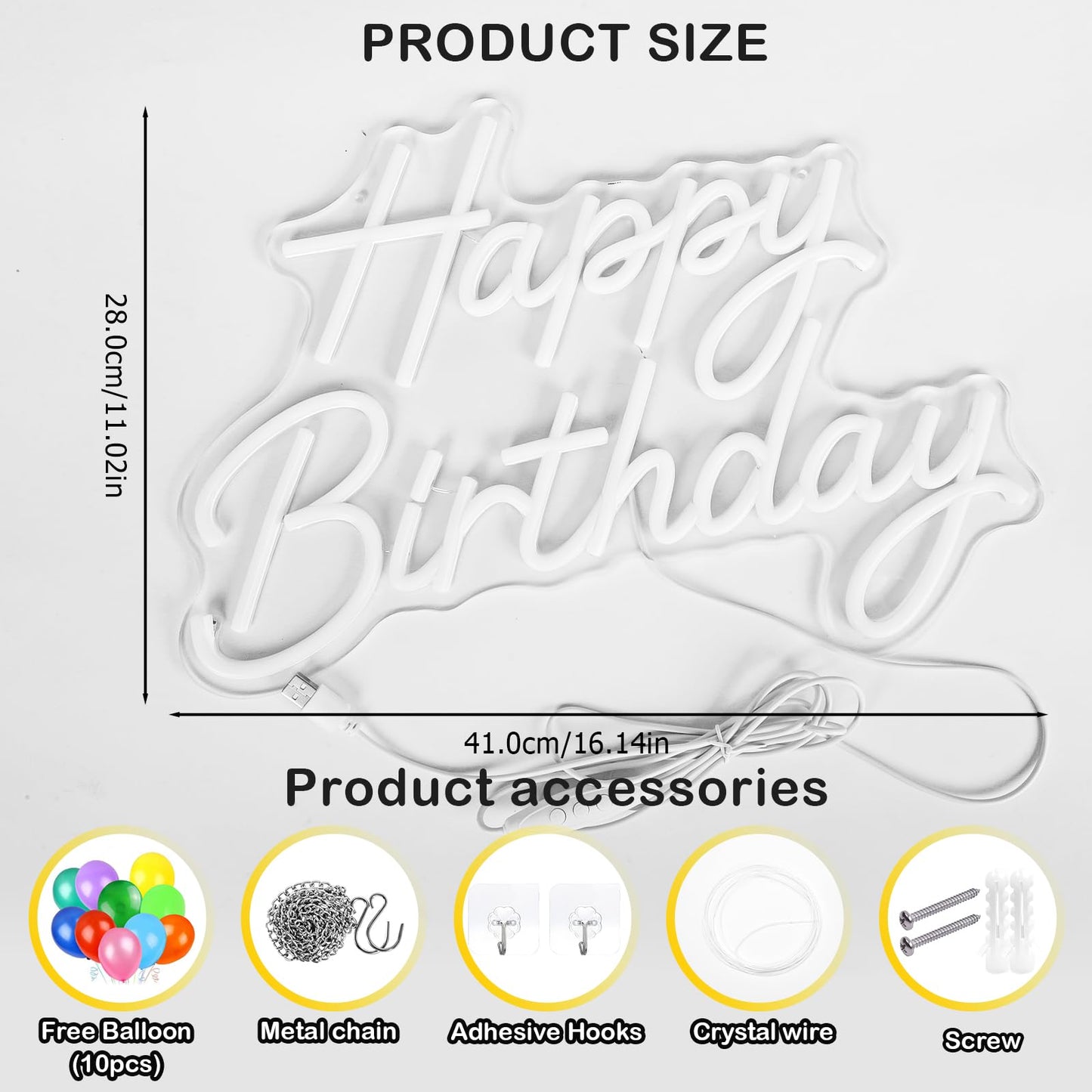 Happy Birthday Neon Sign for Wall Decor, Dimmable LED Light Up Sign