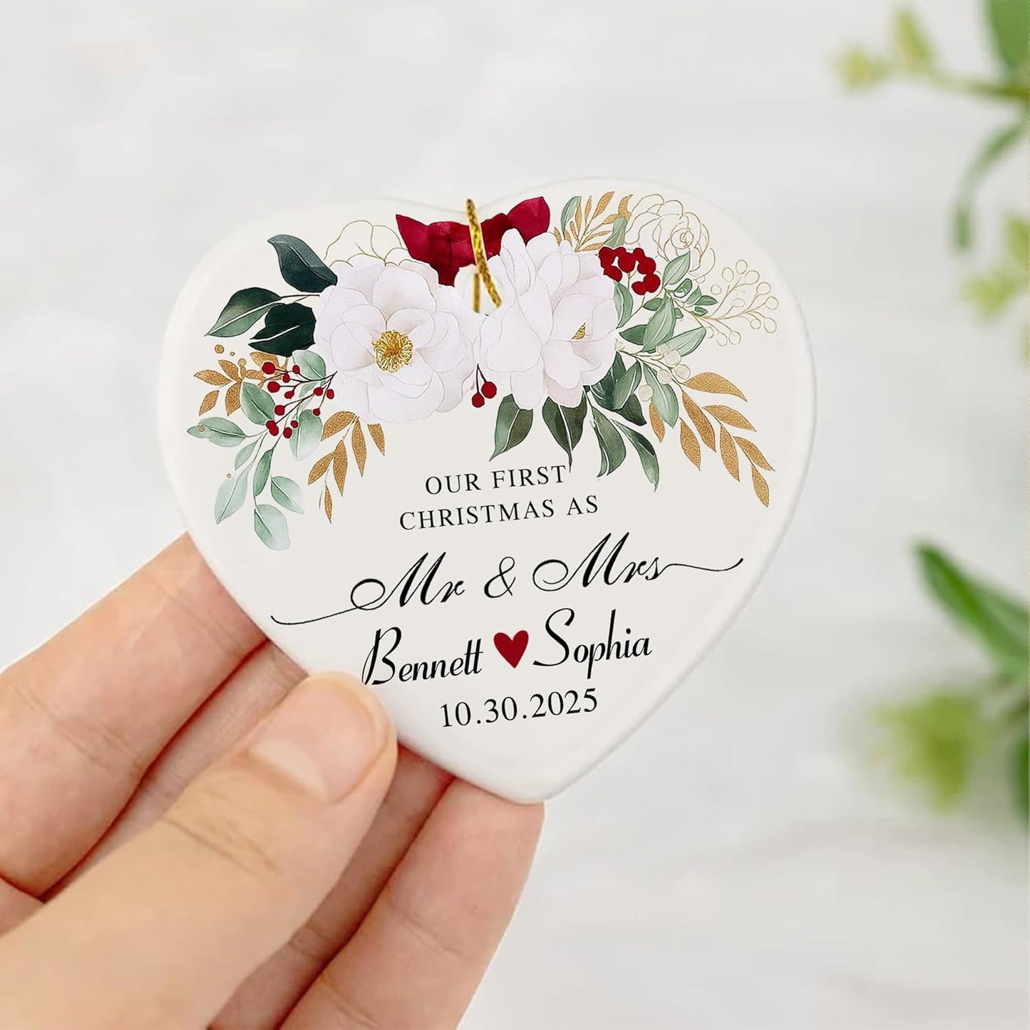 Love Signal Personalized Married Ceramic Ornament, Our First Christmas As Mr Mrs 2025 Ornaments, Custom Gift for Wedding Newlyweds Engaged Couple Christmas