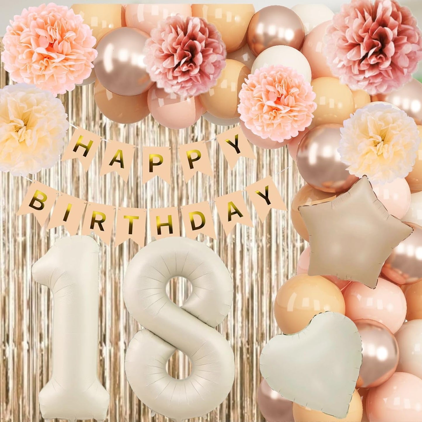 Beige 18th Birthday Decorations Girls Boys Cream Number 18 Balloon Nude Gold Happy Birthday Banner Fringe Curtain Paper Pom Poms Blush White Sand Champagne Star Foil Balloons Neutral Boho Party Decor
