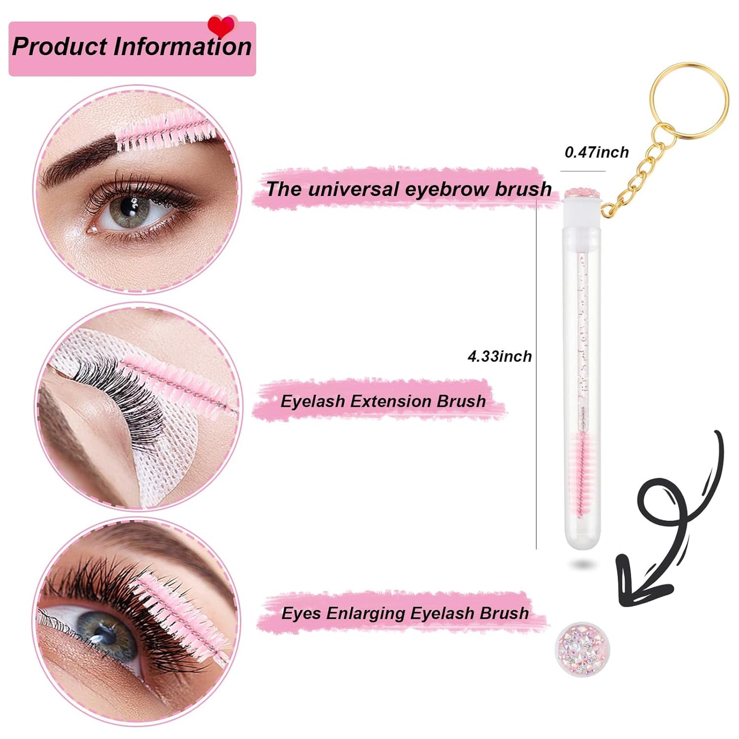 Upgrade 48 Pieces Disposable Mascara Wands Set,Mascara Brush Tube for Women and Girls- Include 24 Pcs Crystal Lash Spoolies Brush and 24 Pcs Reusable Keychain Empty Eyelash Brush Tubes(Pink)