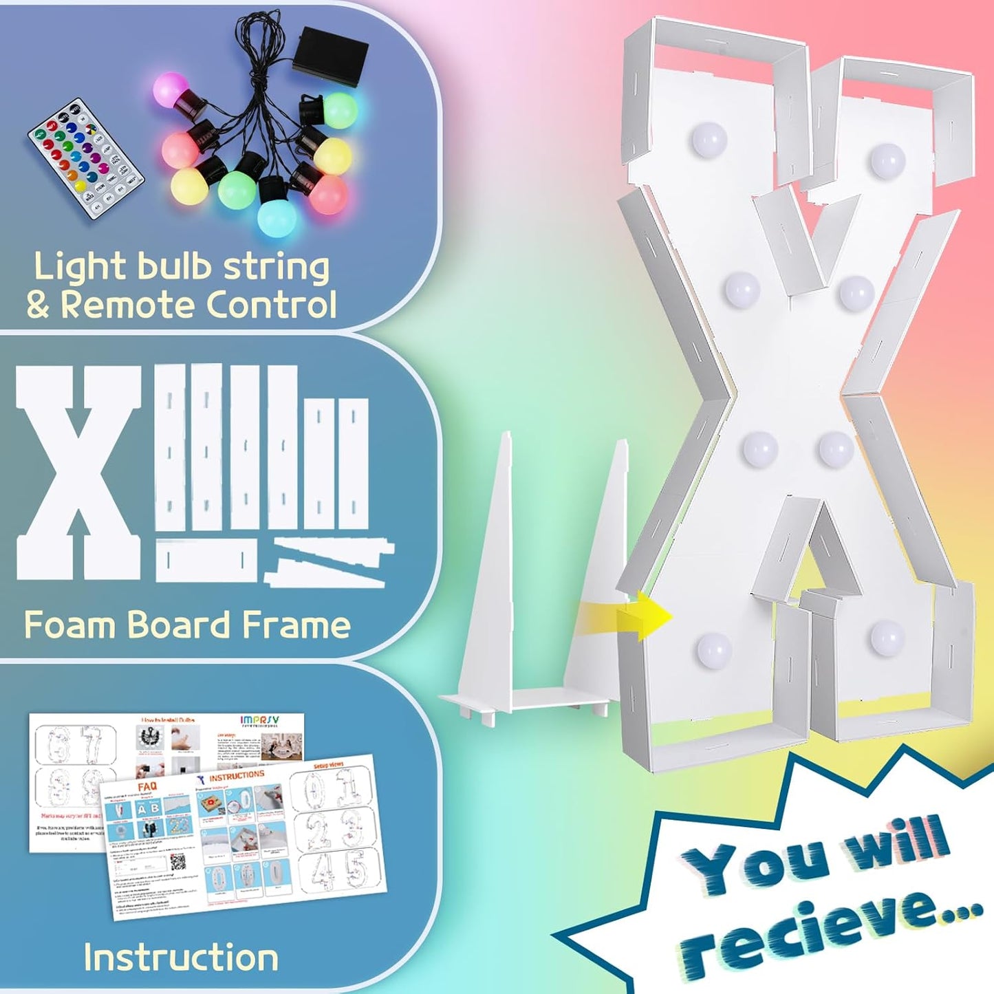 imprsv 3FT Colorful Marquee Light Up Letters X, 18 Colors Light Up Sign Alphabet Sign with Remote, One Letters First Birthday, Large Letters for Birthday Engagement Anniversary Wedding Party Decor