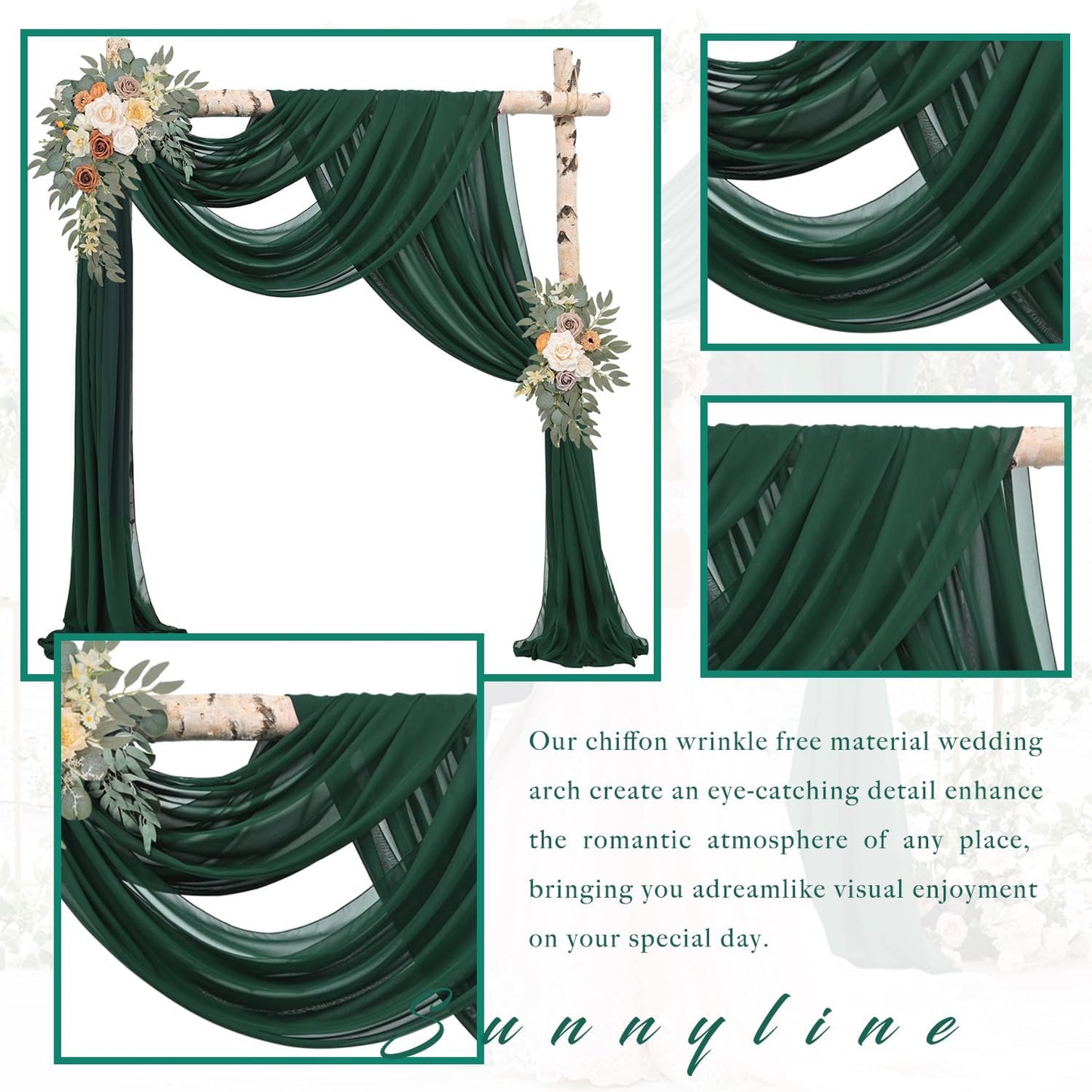 Emerald Green 4 Panels Wedding Arch Draping Fabric 20Ft Length x 28" Width Arch Drapes Chiffon Fabric Sheer Curtains Backdrop for Party Bridal Decorations Wedding Ceremony Stage Reception Decor