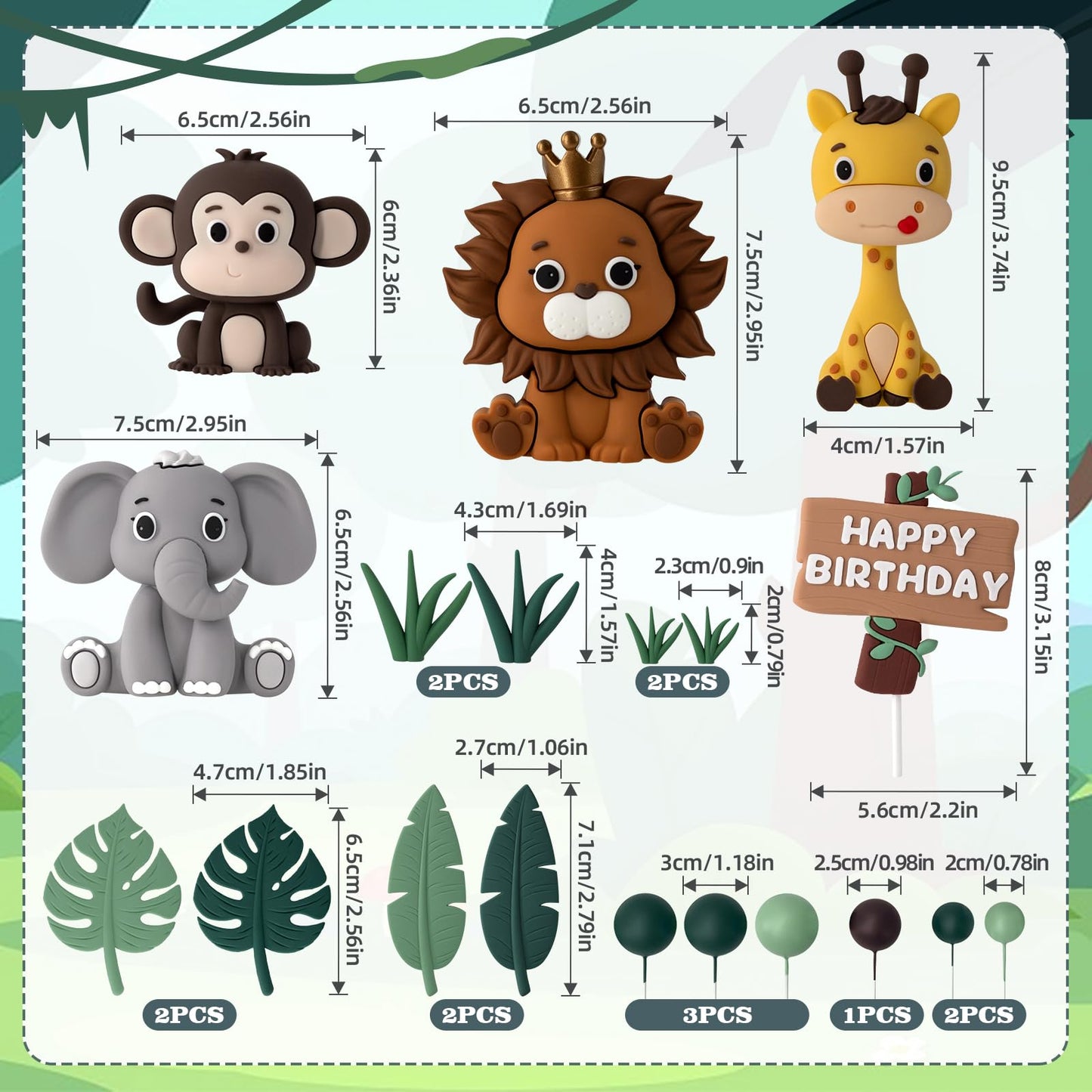 19pcs Safari Animal Cake Topper - Jungle Wild Cake Toppers with Leaves Balls Cake Decorations for