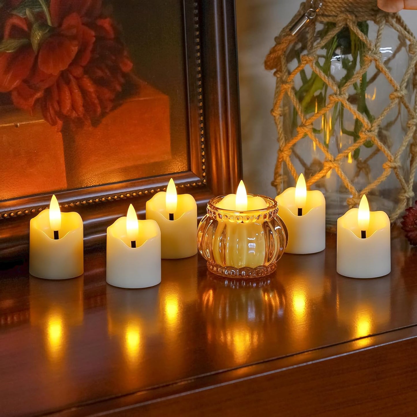 6 Pack Battery Operated Auto Daily Timer Ivory Plastic LED Flameless Votive Candles, Long Runtime 1.6" x2.3" Flickering Tealight Candles with Remote Control