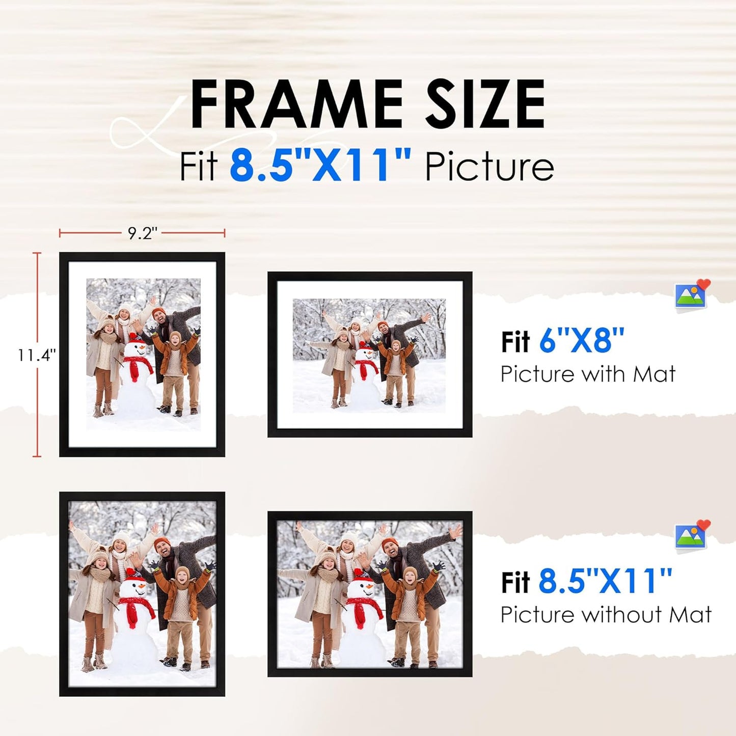 FIXSMITH 8.5x11 Picture Frame Set of 2, Photo Frame with HD Plexiglass, Display Pictures 6x8 with Mat or 8.5x11 Without Mat, Black Picture Frames Collage Wall Decor, Gallery Wall Frame