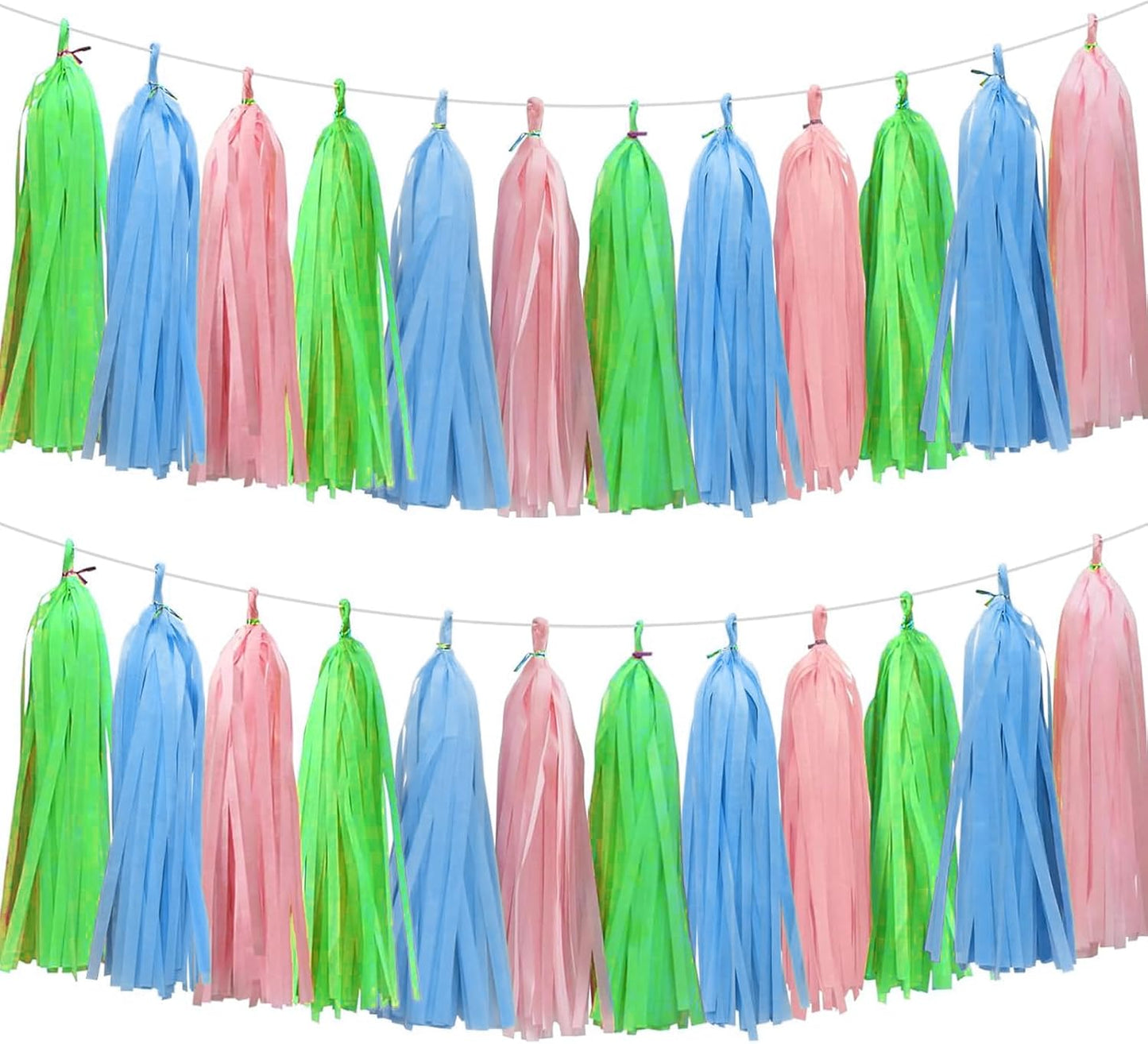 Blue Pink and Green Tassel Garland Banner Paper Tassels for Birthday Party Decorations,Pack of 15