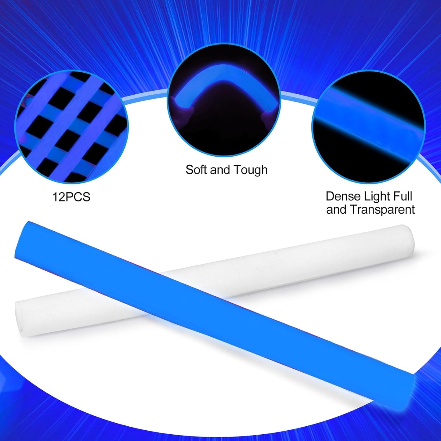 Glow Foam Sticks Bulk, 24 Pcs Blue Giant LED Light Up Sticks 3 Modes Flashing Glowing Baton Wands Party Supplies for Wedding, Raves,Concert,Birthday,Christmas, Halloween,Sporting Events