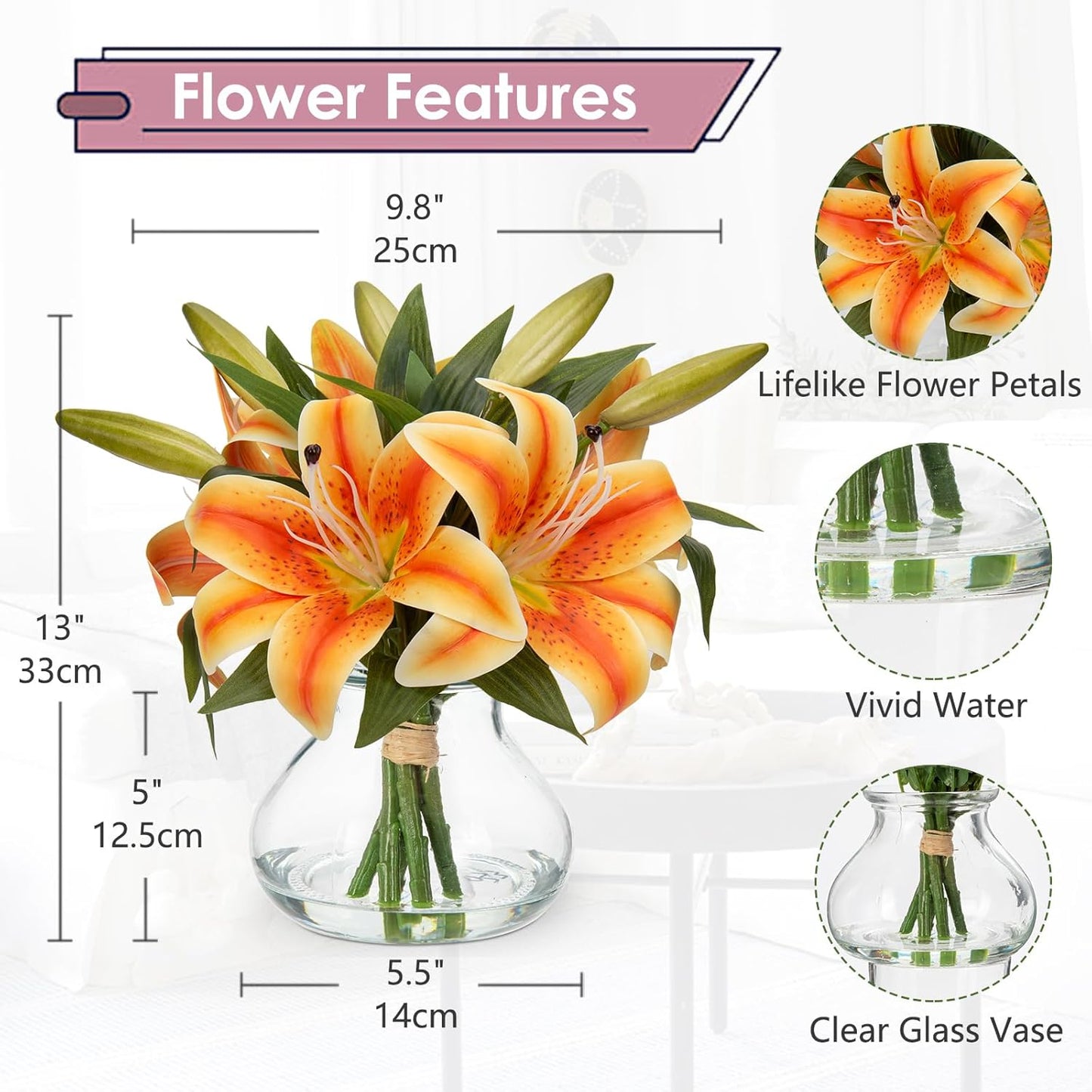 Hollyone Tiger Lily Fall Flowers Artificial for Decoration in Vase Real Touch Orange Autumn Silk Faux Flowers Arrangements with Glass Vase with Fake Water Lily Centerpiece Fall Decorations for Home
