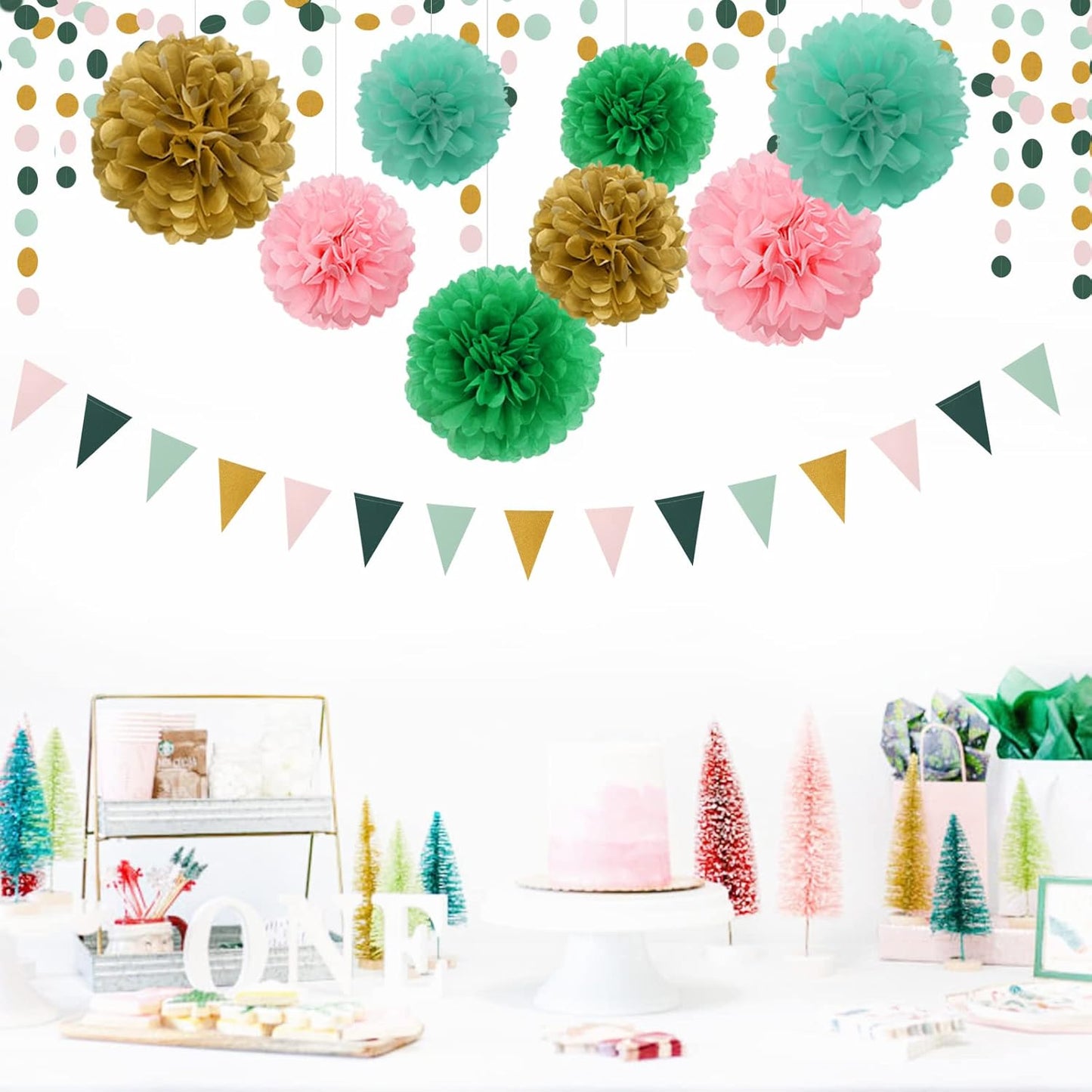 Sage-Green Pink-Gold Baby Bridal-Shower Decorations - 30pcs Rustic Wedding Tissue Pom Poms,Tassel Garland Banner,Birthday Bachelorette Engagement Valentines Mothers Day Party Decor Lasting Surprise