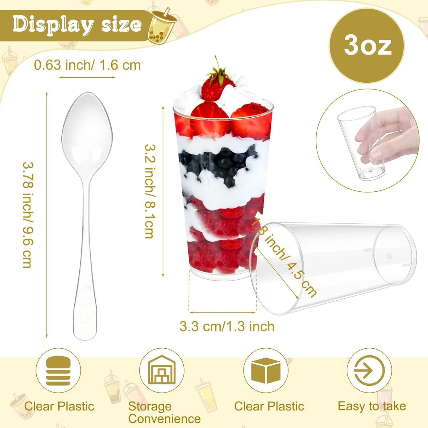 CHENGU 3 Oz Dessert Cups with Spoons Mini Shooter Cups Small Round Tableware for Parfait Appetizer Pudding Tasting for Event Festival Birthday Party Supplies(150 Pieces)