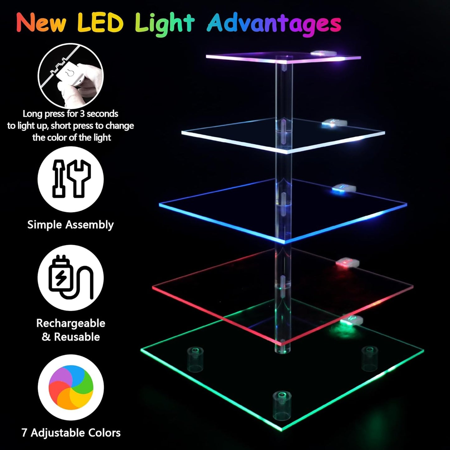 Cupcake Stand with Rechargeable Led, 5 Tier Clear Cupcake Holder, 7 Colors Light Cupcake Tower, Acrylic Dessert Table Display Set for Weddings, Christmas, Birthday, Parties, Baby Showers