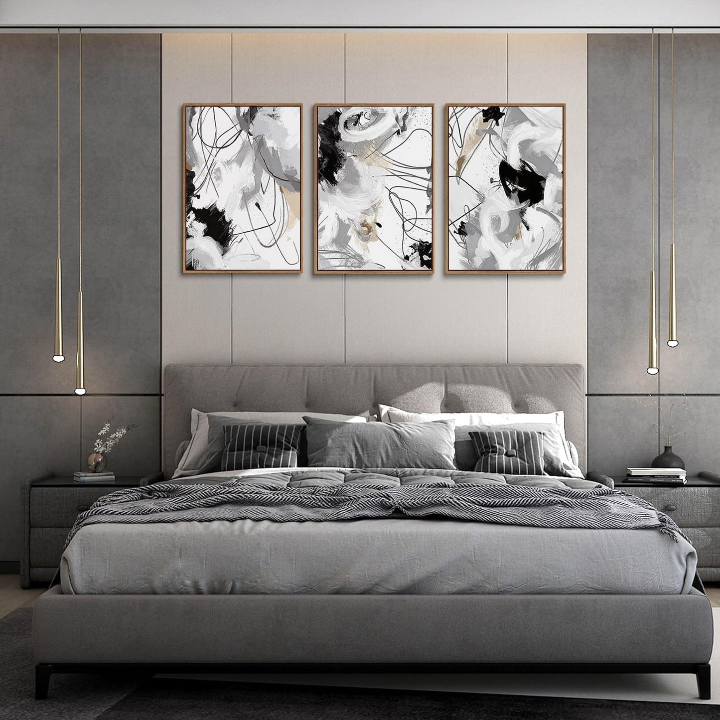 myusuar 3 Piece Large Modern Abstract Canvas Framed Wall Art For Living Room, Black And White Lines Minimalist Wall Art Decor Posters Prints For Bedroom Office, 12x16in