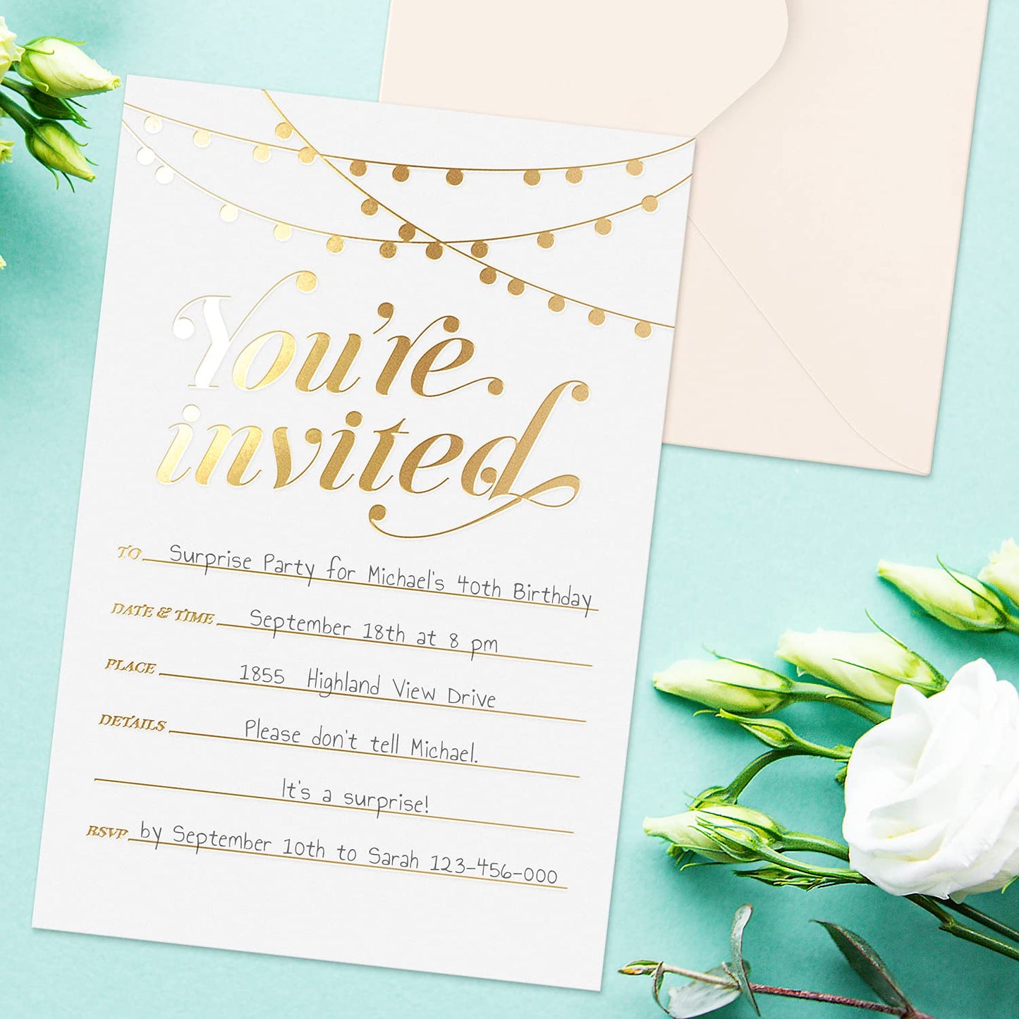 S&O Party Invitations! 25 Gold Foil Traditional Invitations with Envelopes, Wedding, Baby, & Bridal