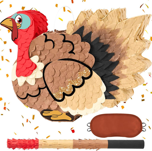 WERNNSAI Thanksgiving Turkey Pinata - Fall Autumn Decorations Wild Turkey Brown Pinata Thanksgiving Party Games for Family Fall Festival Decor Party Favors with Blindfold