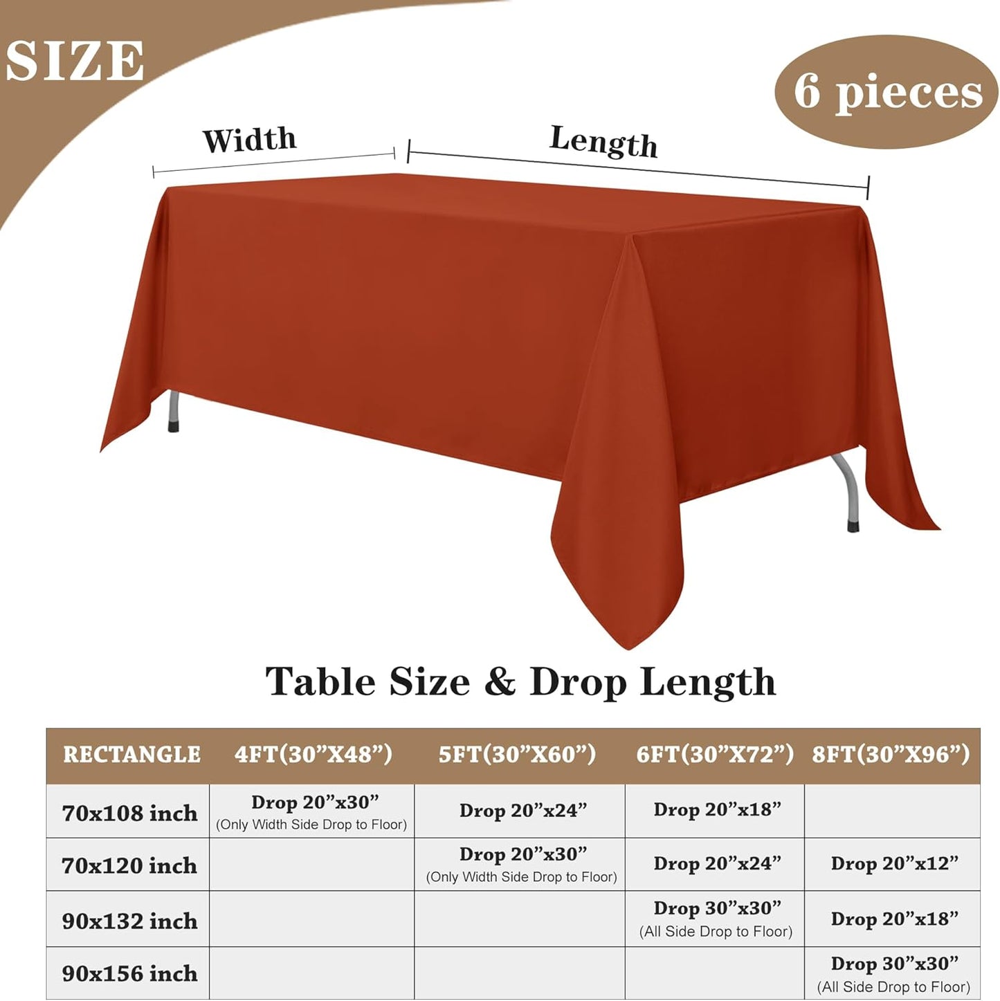 Fitable Rust Table Clothes for Rectangle Tables, 6 Pack - 90 x 156 Inch - Reusable and Elegant Fall Tablecloths, Polyester Fabric Table Covers for Wedding, Party, Banquet, Formal Events