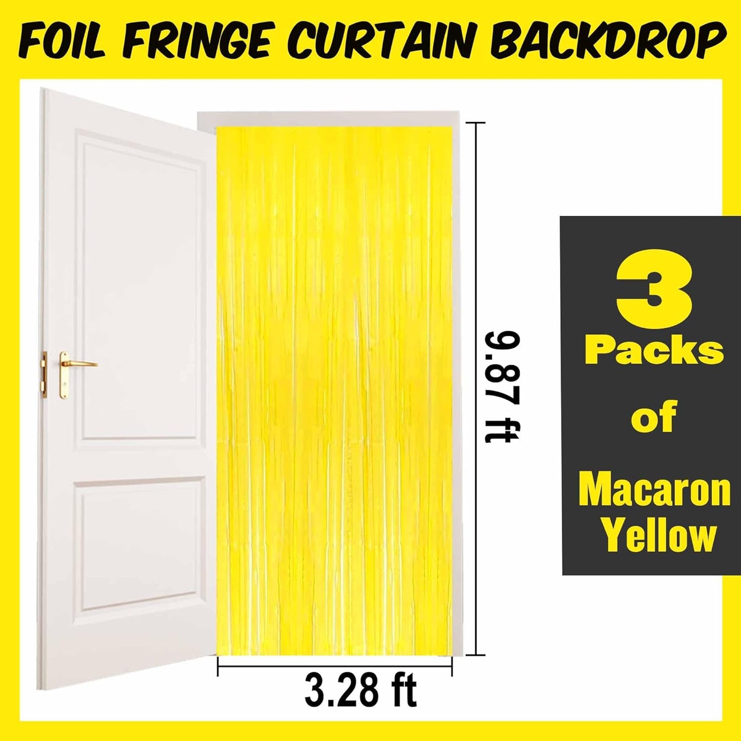 3 Pack Macaron Yellow Foil Fringe Curtains Backdrop, 3.28 x 9.8 Ft Metallic Streamers Tinsel Curtains Background for Photo Booth, Birthday, Halloween, Christmas, New Year Party Decorations