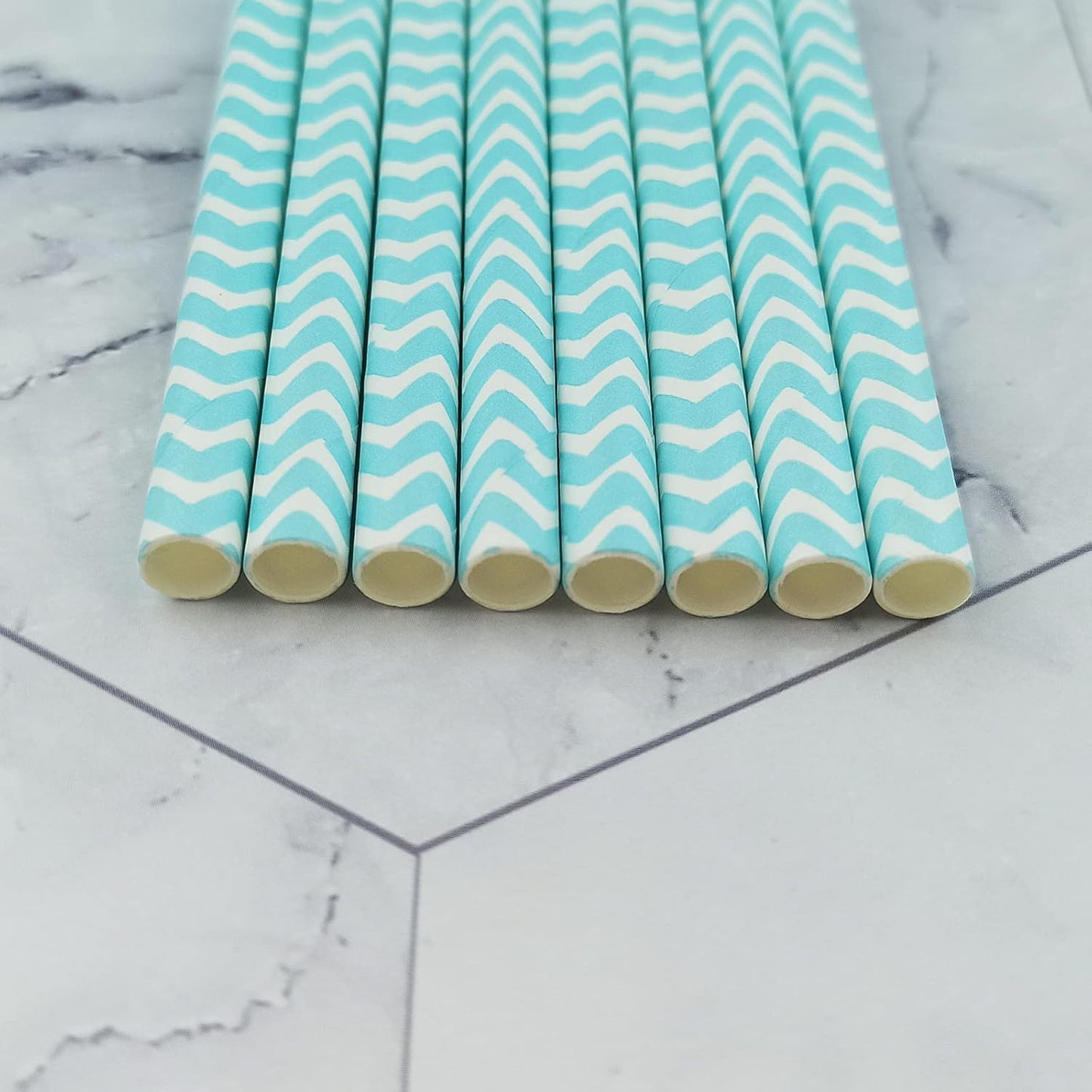 YAOSHENG Premium Disposable Waves Striped Drinking Paper Straws, Pack 100 Light Blue Waves Paper Straws for Cocktail Party Supplies,Birthday,Bridal/Baby Shower,Juice,Shakes (Light Blue Waves)