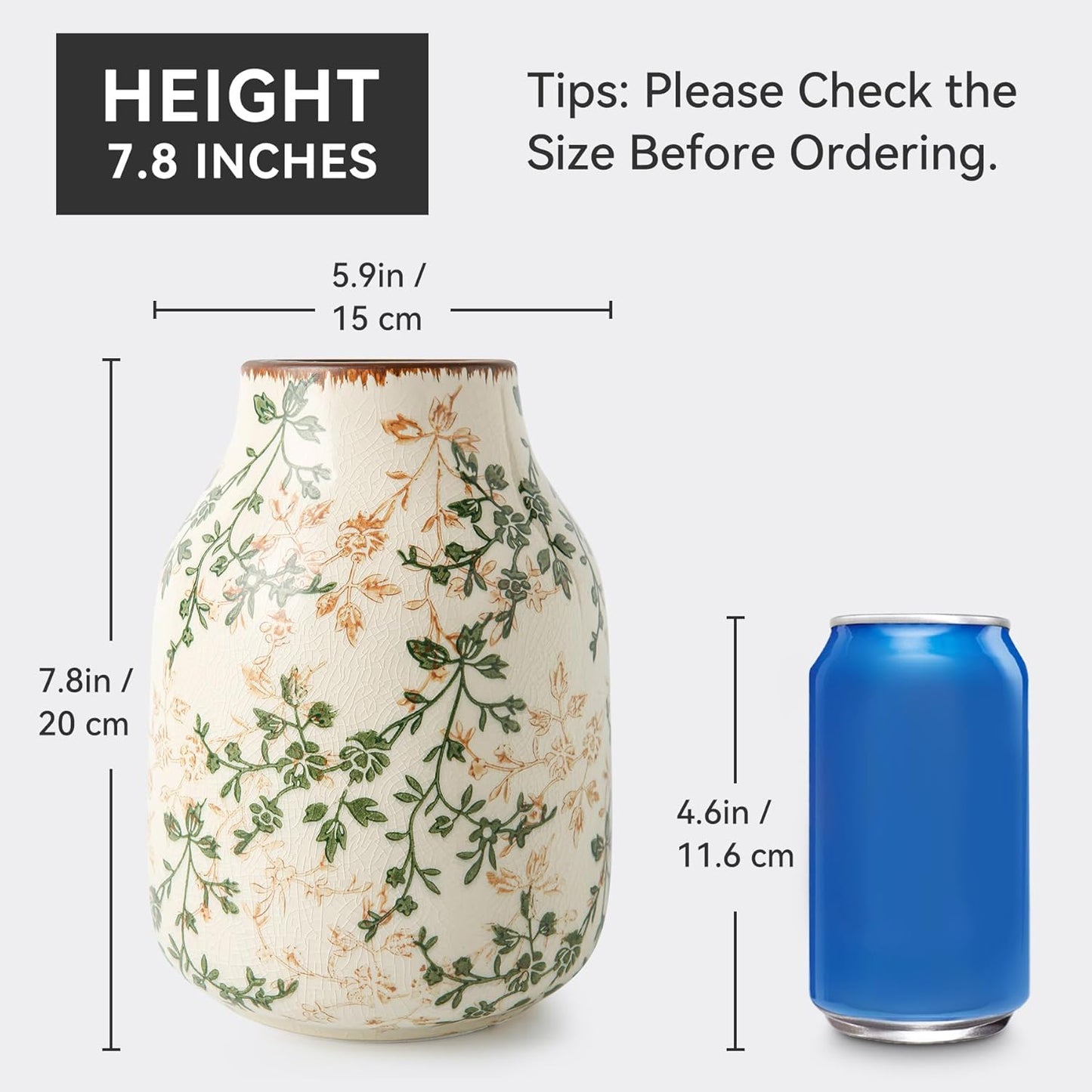 Green and Beige Vintage Vase, Chinoiserie Floral Vase, Rustic Ceramic Large Vases for Home Decors, Living Room, Bookshelf, Office, Grand Millennial Decor, Chinoiserie Decors, Tuscan Decor 7.8 Inch