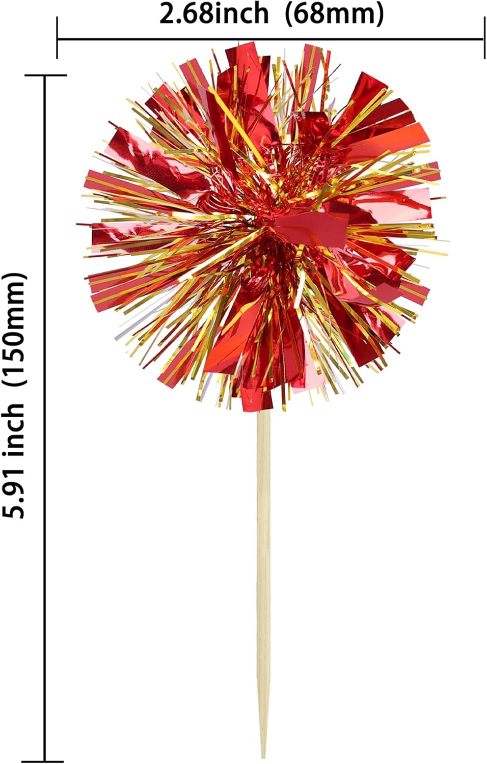 Ephlyn 30Pcs Foil Firework Cupcake Toppers Sparkle Tinsel Drink Birthday Cake Decorations Cocktail Food Fruit Toothpick for New Years Wedding Birthday Party Decorations Gold Red