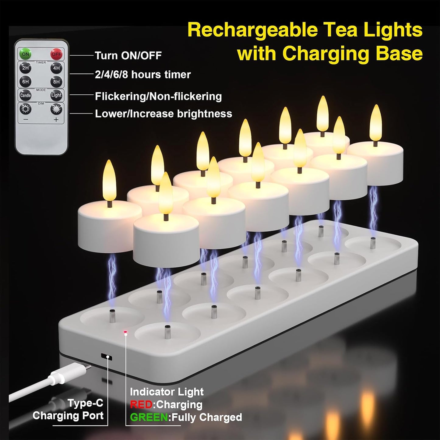 Rechargeable Flameless Tea Lights Candles with Charging Station, LED Tea Lights Candles with Remote Control Timer for Wedding, Christmas, Halloween, Anniversary, Home Decor, 12-Pack