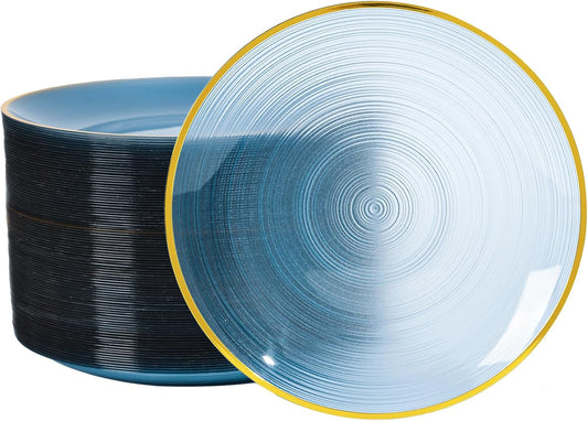 100PCS Transparent Blue Gold Plastic Plates, 7 Inch Heavy Duty Disposable Dessert Plate with Gold Rim, Round Appetizer/Salad Plates for Wedding, Party, Camping, Picnic