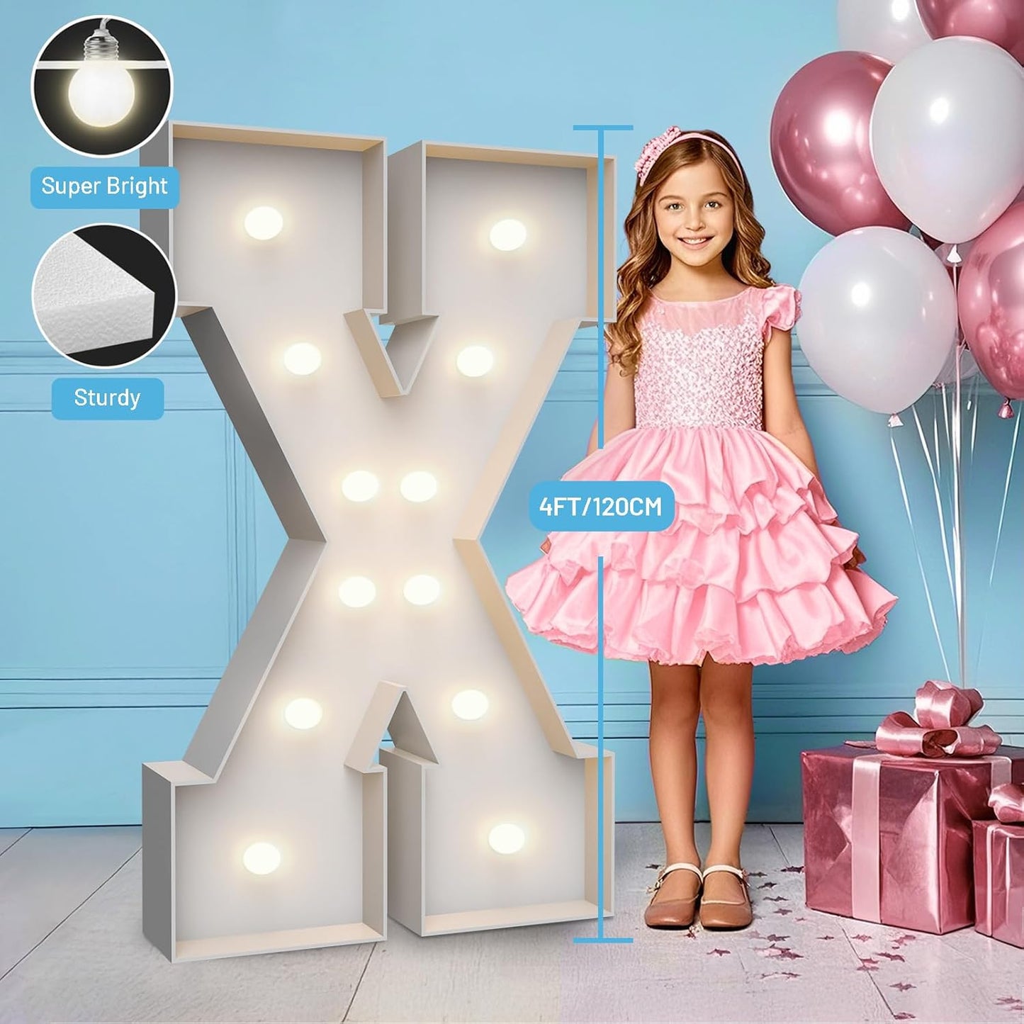 4FT Marquee Light Up Letters X,Party Decoration Large Marquee Light Up Letters with Weighted Water Bag,Pre-cut Foam Board Set Can Be Used for Birthdays,Weddings,Baby Anniversaries