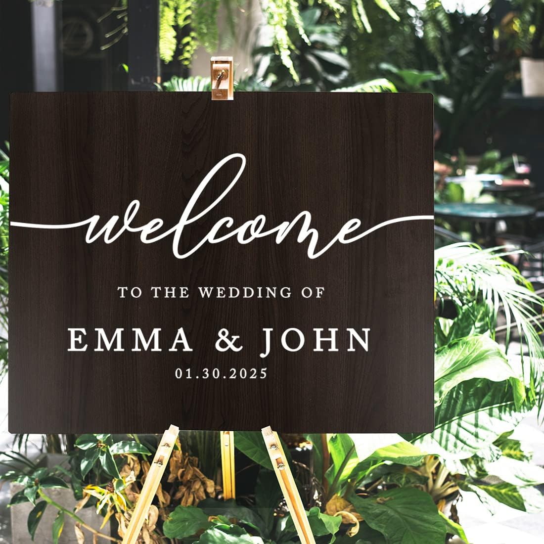 Andaz Press Large Wooden Welcome Sign for Wedding, Rustic Welcome Sign 16" x 20" Custom Names & Date, Woodland Wedding Signage, Dark Walnut MDF Wood Finish Wedding Reception Indoor Outdoor Signs