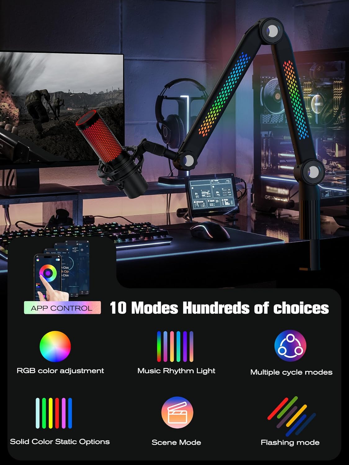 SUNMON RGB Mic Arm ??Adjustable Boom Arm with Rhythm RGB Lighting for Blue Yeti, HyperX QuadCast, Rode, Fifine AM8, and More ??Perfect for Podcasting, Streaming, and Gaming