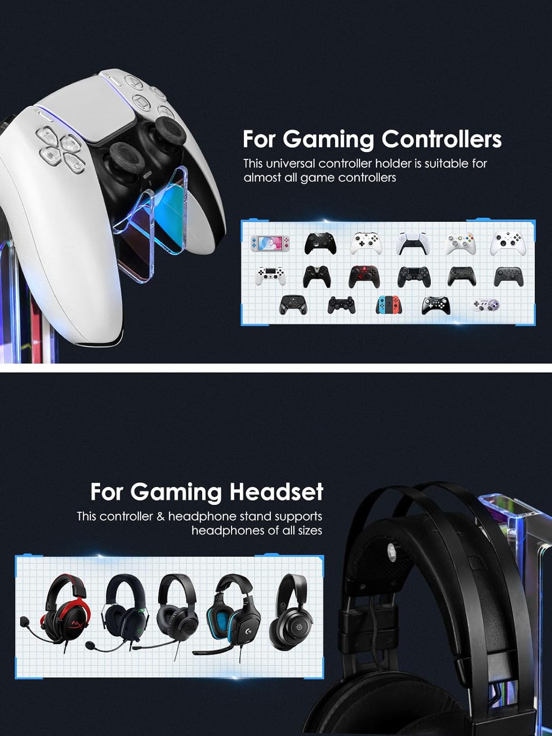 OAPRIRE Headset and Controller Stand with Lights, 2 Tier Acrylic Game Controller Holder, Controller and Headset Stand for Desktop,Universal Design Compatible with PS5/PS4/XBOX/SWITCH (Clear)
