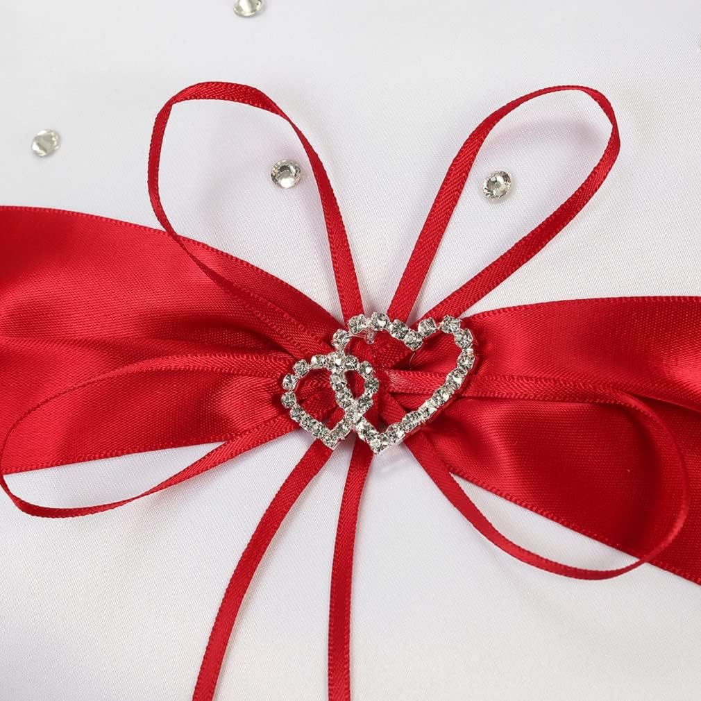 The Crafty Owl 2 Heart Rhinestones Ivory/White/Blue Trimming/Red Trimming Satin Large Wedding Ring Bearer Pillow and Basket Set (White with Red Trimming)