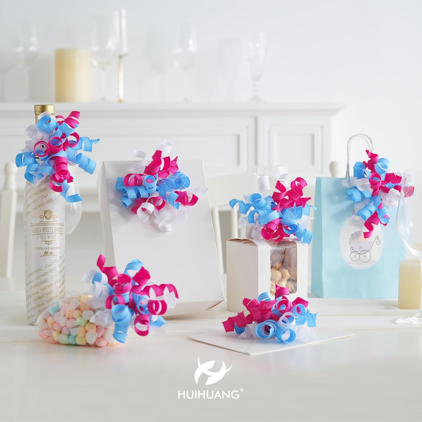 HUIHUANG Baby Shower Bows for Gift Wrapping, Blue/Pink/White Curly Ribbon Bows Self Adhesive Burst Gift Bow for Gender Reveal Party, Baby Shower Favors, Wine Bottle, Treat Bags - 6 Counts