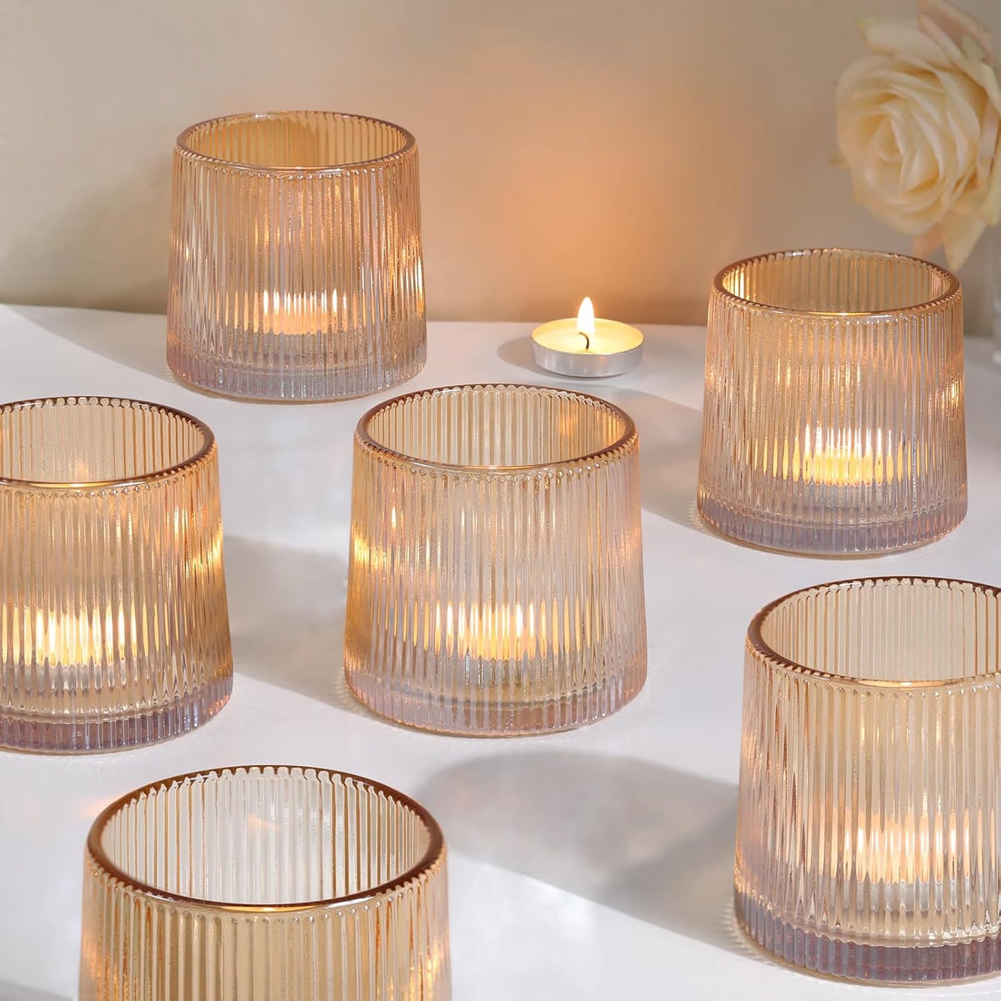 DARJEN Gold Ribbed Tealight Votive Candle Holders- 6Pack Glass Candle Holders for Table Centerpiece, Home Decor, Wedding Decor, Party Dinner