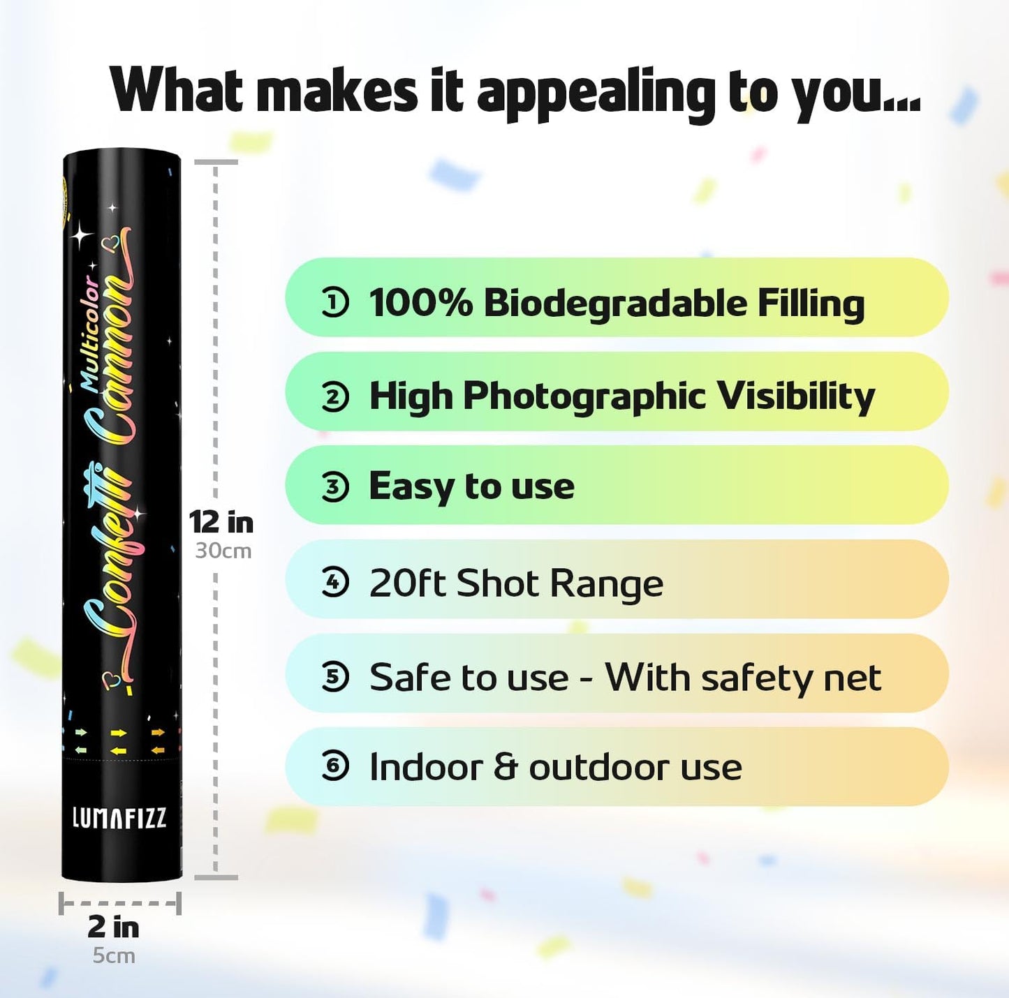 12 InchConfetti Biodegradable [6 Pack Confetti Cannons | Multicolor Confetti Poppers for Wedding Celebration, Birthday PartyChristmas Eve and New Year Celebration (black)