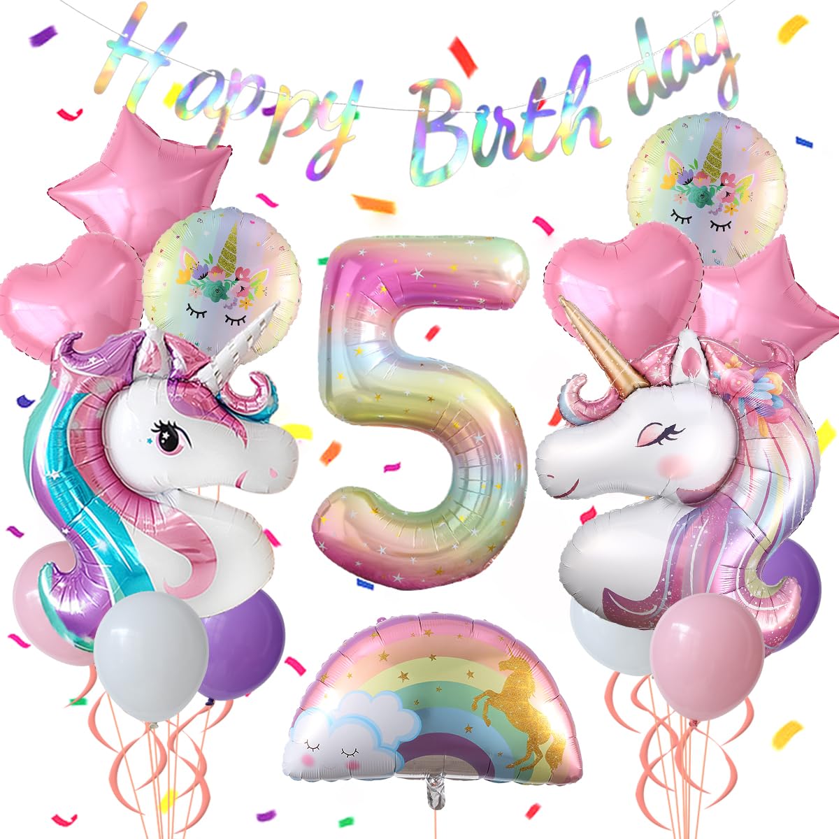 Unicorn 5th Birthday Party Decorations for Girl Purple Pink Theme Balloon Set, Large Rainbow
