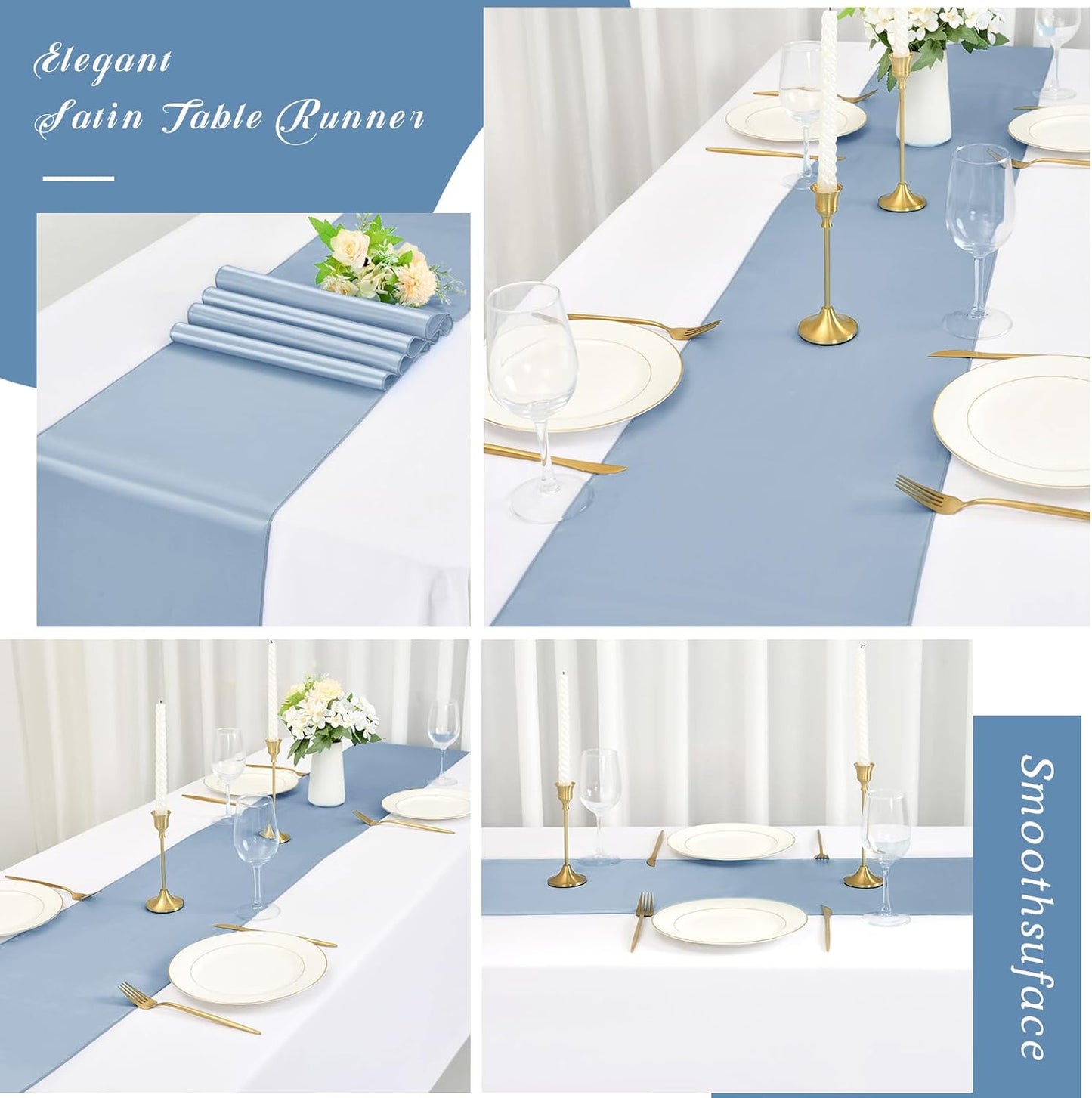 12 Pack Dusty Blue Satin Table Runner,12 x 108 inch Long Premium Smooth Table Runner for Wedding, Banquets, Birthday, Party, Graduation, Engagements,Table Runners fit Rectangle and Round Table