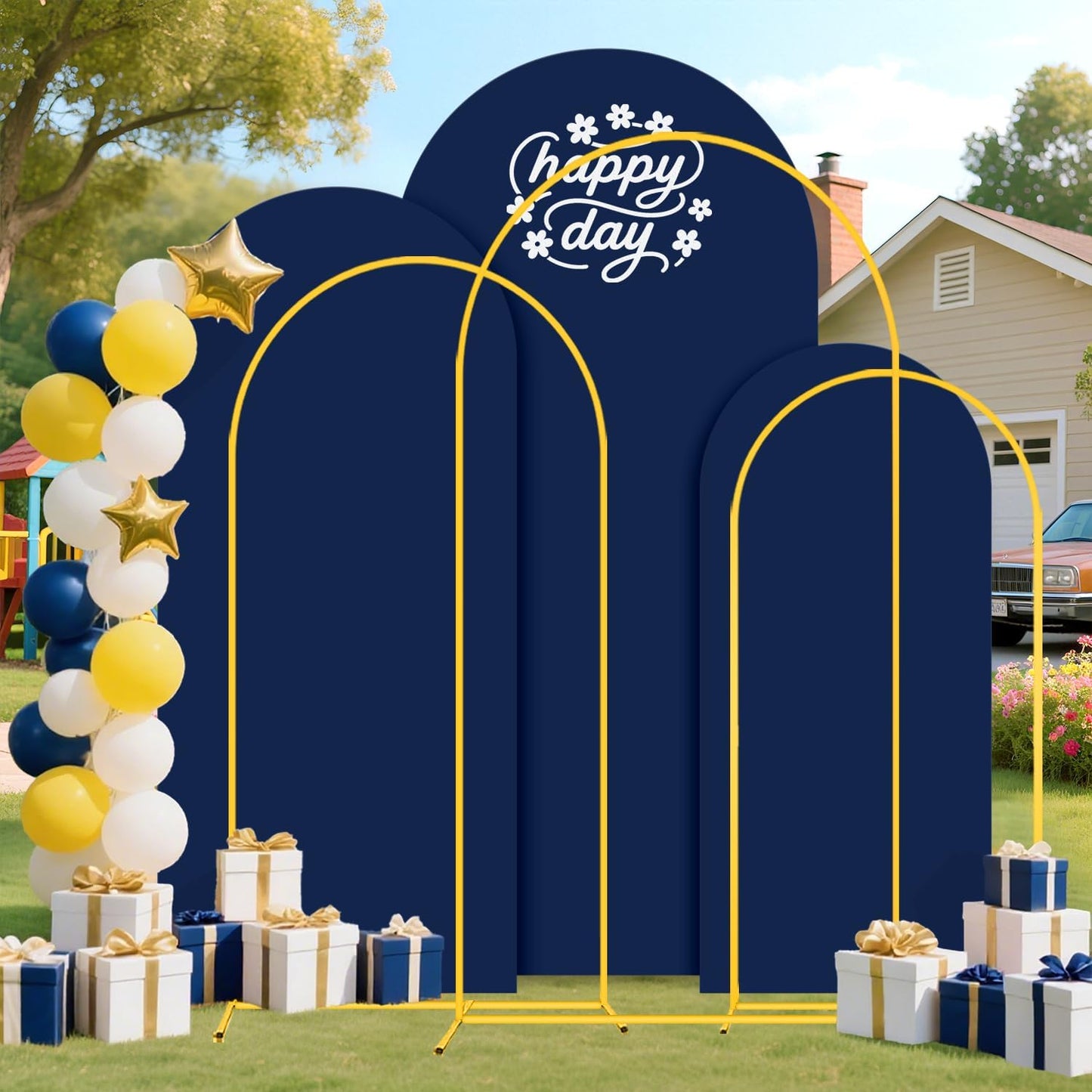 FUHSY Metal Arch Backdrop Stand and Cover Set of 3 Wedding Metal Arch Stand with Navy Blue Arch Backdrop Cover Spandex 6FT, 5FT, 4FT Stable Arch Frames for Bridal Baby Shower Birthday Party Decor
