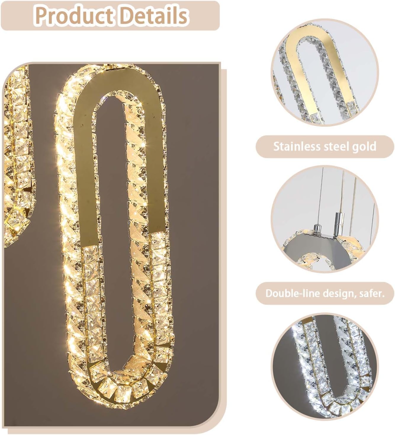 5 Rings Crystal Chandeliers for Staircase Large Pendants Light Fixture Gold High Ceiling Chandelier for Entryway Bedroom Foyer 2700K-6000K