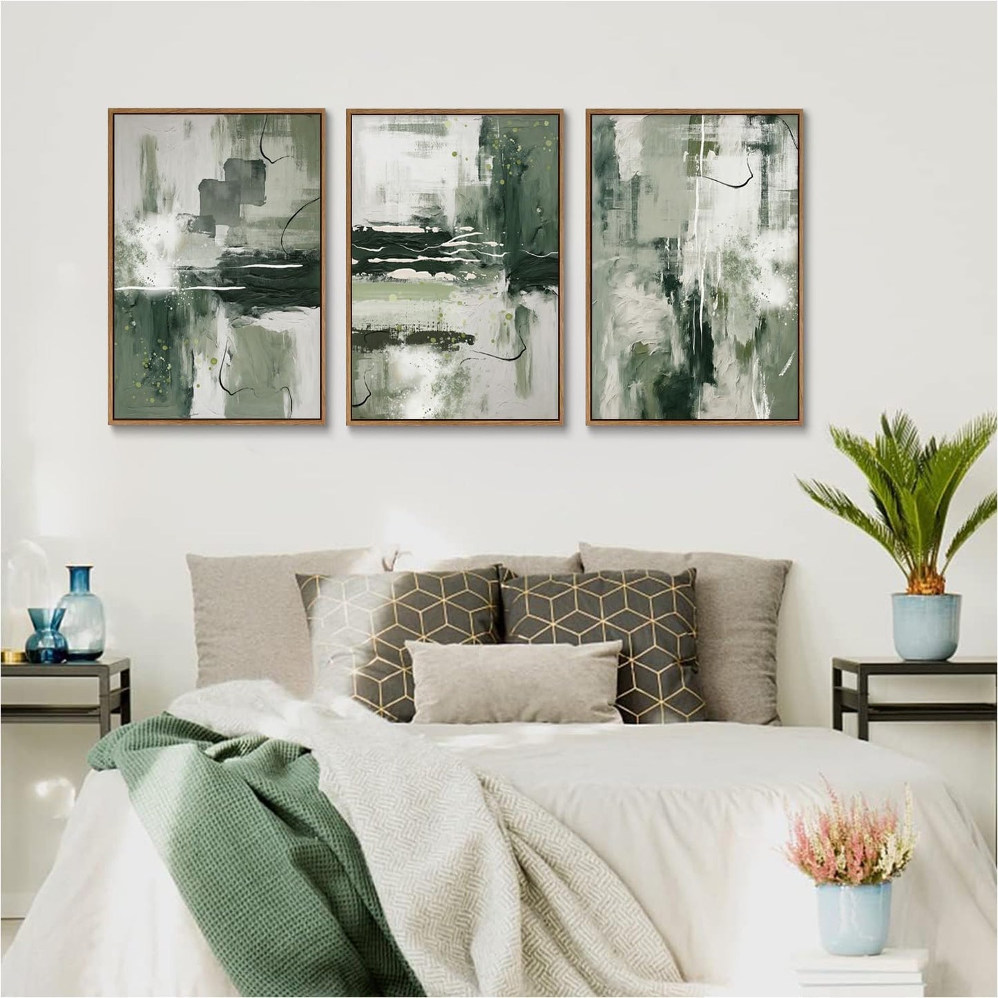 myusuar 3 Piece Large Modern Abstract Canvas Framed Wall Art For Living Room, Sage Green Minimalist Wall Art Decor Posters Prints For Bedroom Office, 24x36in