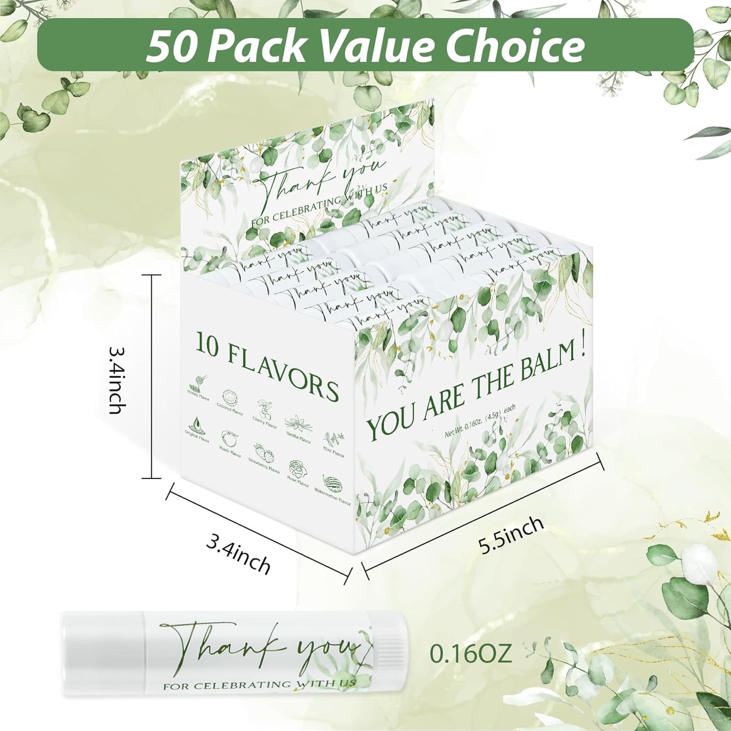 50 Pack Moisturizing Lip Balms Bulk Wedding Party Favors Thank You for Celebrating With Us Gifts Baby Shower Birthday Gift Sage Green Eucalyptus You Are The Balm Beeswax Giveaways Guests