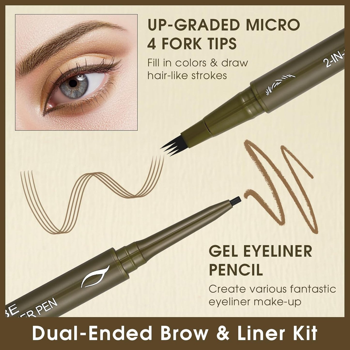 UCANBE Eyebrow Pencils for Women with Spoolie Brush, Dual-Ended Eyebrow Pen with 4-Fork-Tip & Gel Eyeliner, Microblading Brow Pen with Eyeliner Pencil + Brow Brush for Hair Like Brows, Light Brown