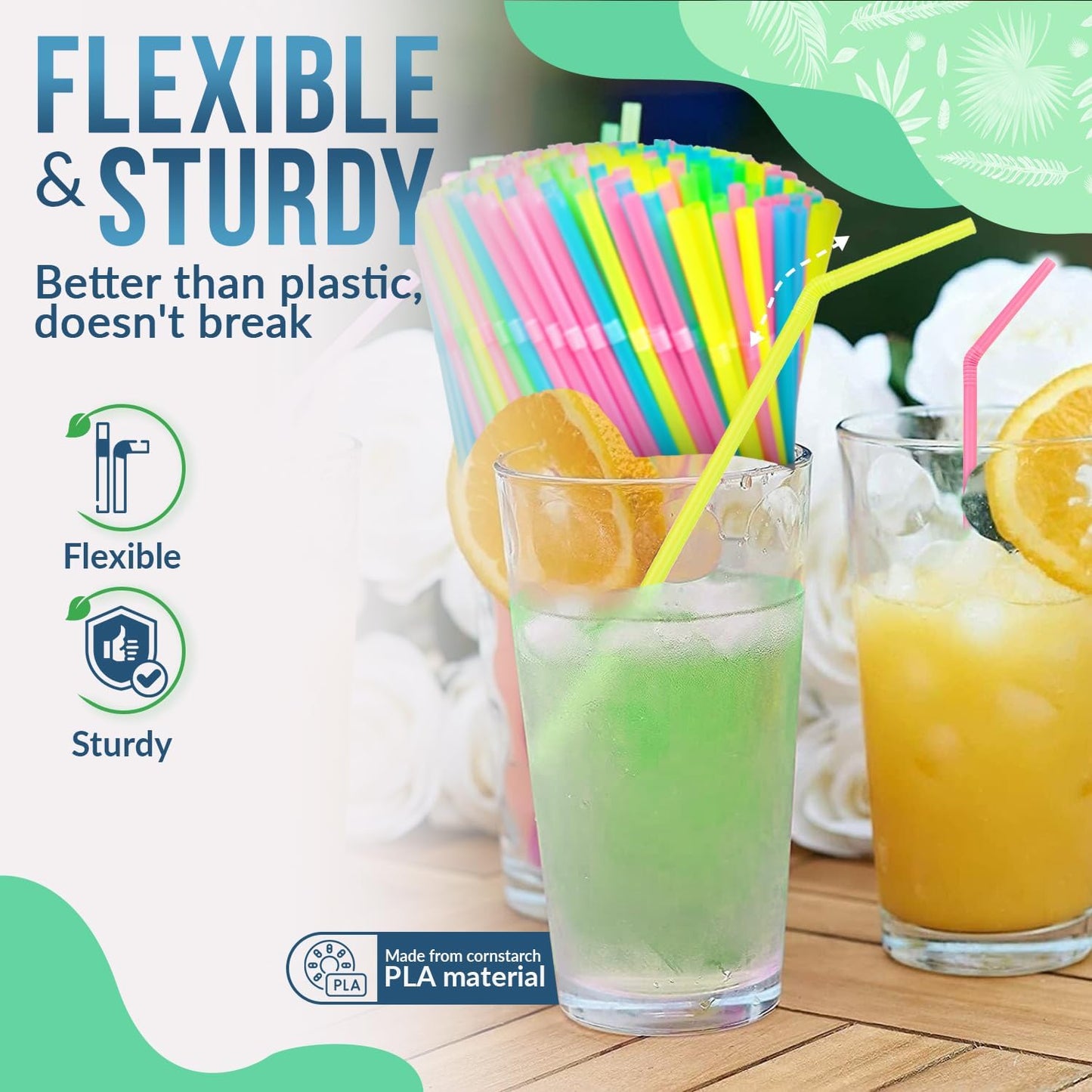 Weemium Compostable Straws Disposable 300 Pack | 100% Plant-Based Plastic-free, Disposable and Biodegradable | Flexible Colorful Drinking Straws are Best Alternative to Plastic