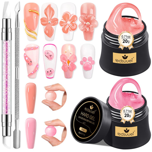 Solid Builder Gel for Nails LEDSUUEI - 2 Color Nude Pink 3D Nail Gel Sculpting Non-Sticky Hand Carving Glue Extension for Manicure Salon Home Decoration DIY 20g