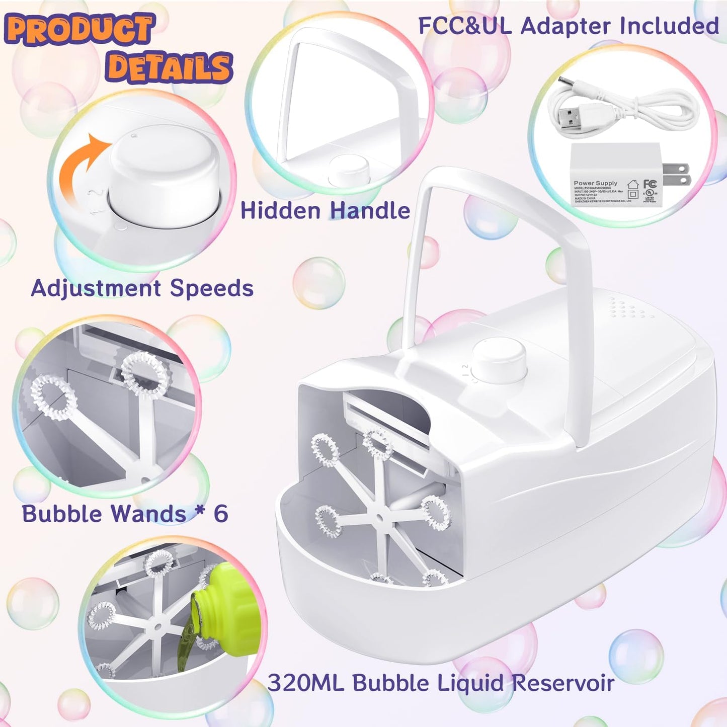 Bubble Machine, Automatic Bubble Blower for Kids, 18000+ Bubbles Per Minute with 2 Speed Settings, Battery/USB Powered Bubble Maker for Toddlers, Outdoor Birthday Parties, Weddings (White)