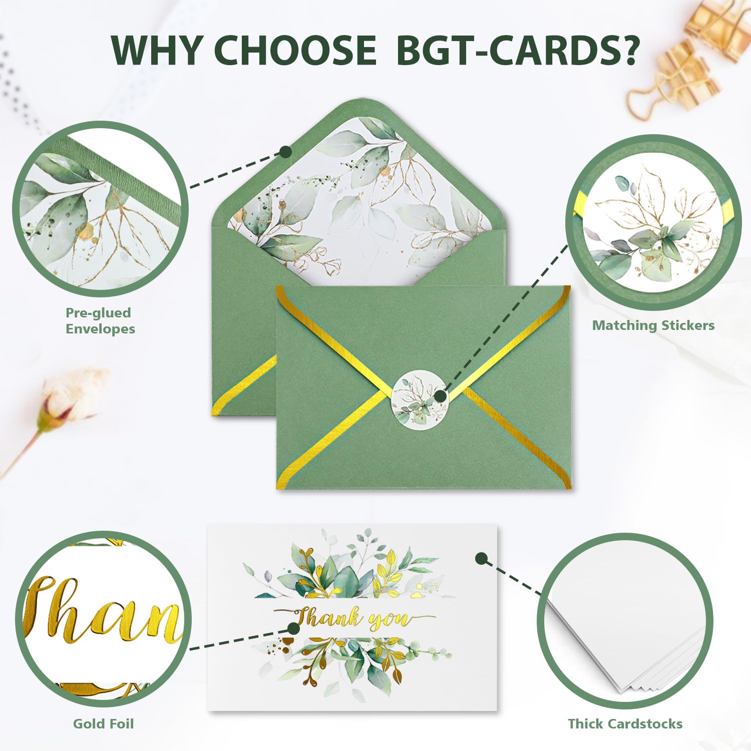 BGTCARDS Greenery Thank You Cards with Envelopes, Gold Foil, 32 Pack, 4×6”