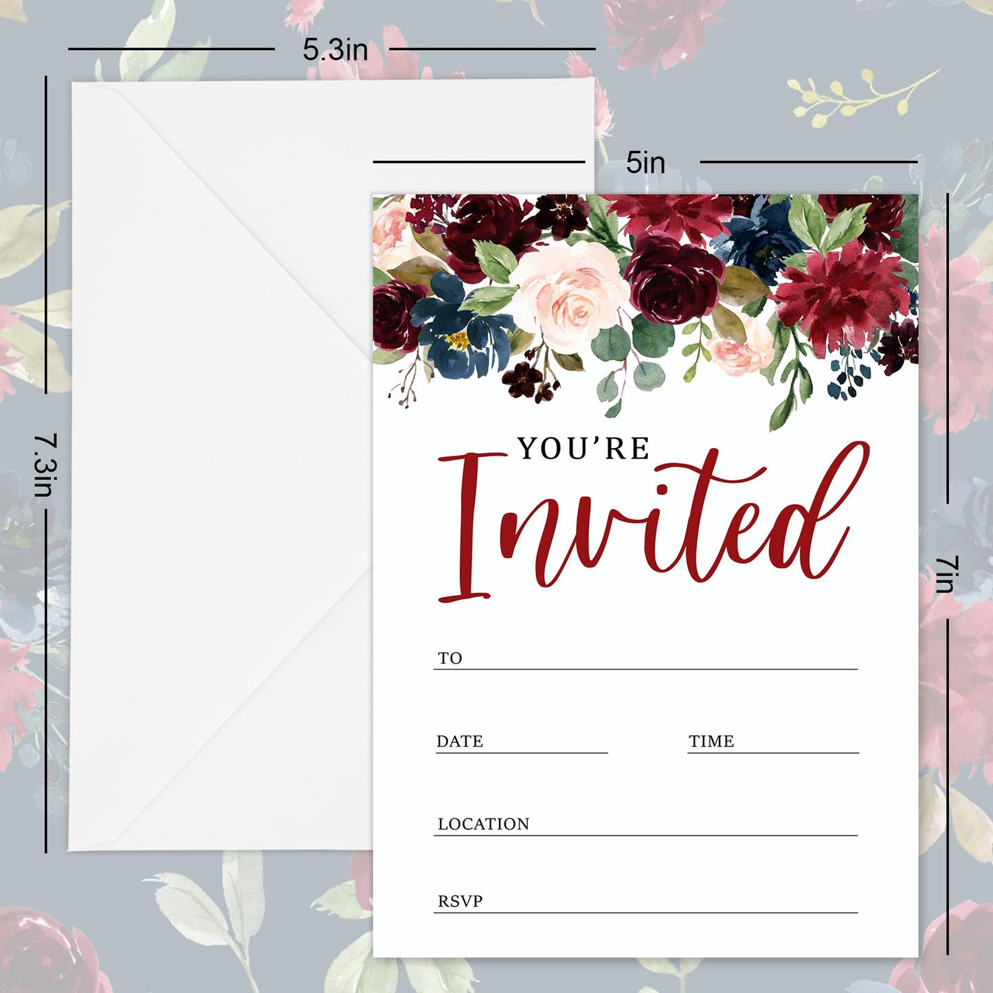 Whaline 25 Sets Flower Invitations with Envelopes Stickers Watercolor Floral Leaves Invitation